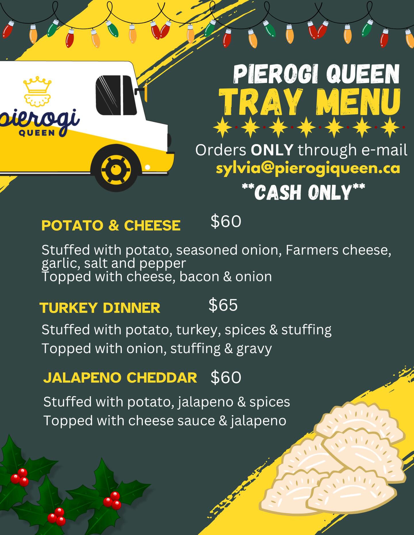 🎄✨ Christmas pierogi season is officially ON! ✨🎄
We’ve got your holiday table covered with our Christmas Pierogi Trays and our Frozen Pierogi you can stash for those “I need comfort food immediately” moments. These trays are fresh- just heat and serve at that friendsmas or gathering !
Frozen bags come in (12)
Trays come in (25)
📍 Pickup Day: December 23
⏰ Time: 12pm–5pm
📌 Location: Our kitchen in Komoka (22637 Komoka Road)
Need your order earlier? No problem at all- just shoot us an email and we’ll make it happen.
Whether you’re feeding the whole crew or just making sure you get the good stuff first, we’ve got you. 💛🥟
For those of you who might need some uszka(IYKYK) just send us an email!
Orders via email only: sylvia@pierogiqueen.ca
Cash only