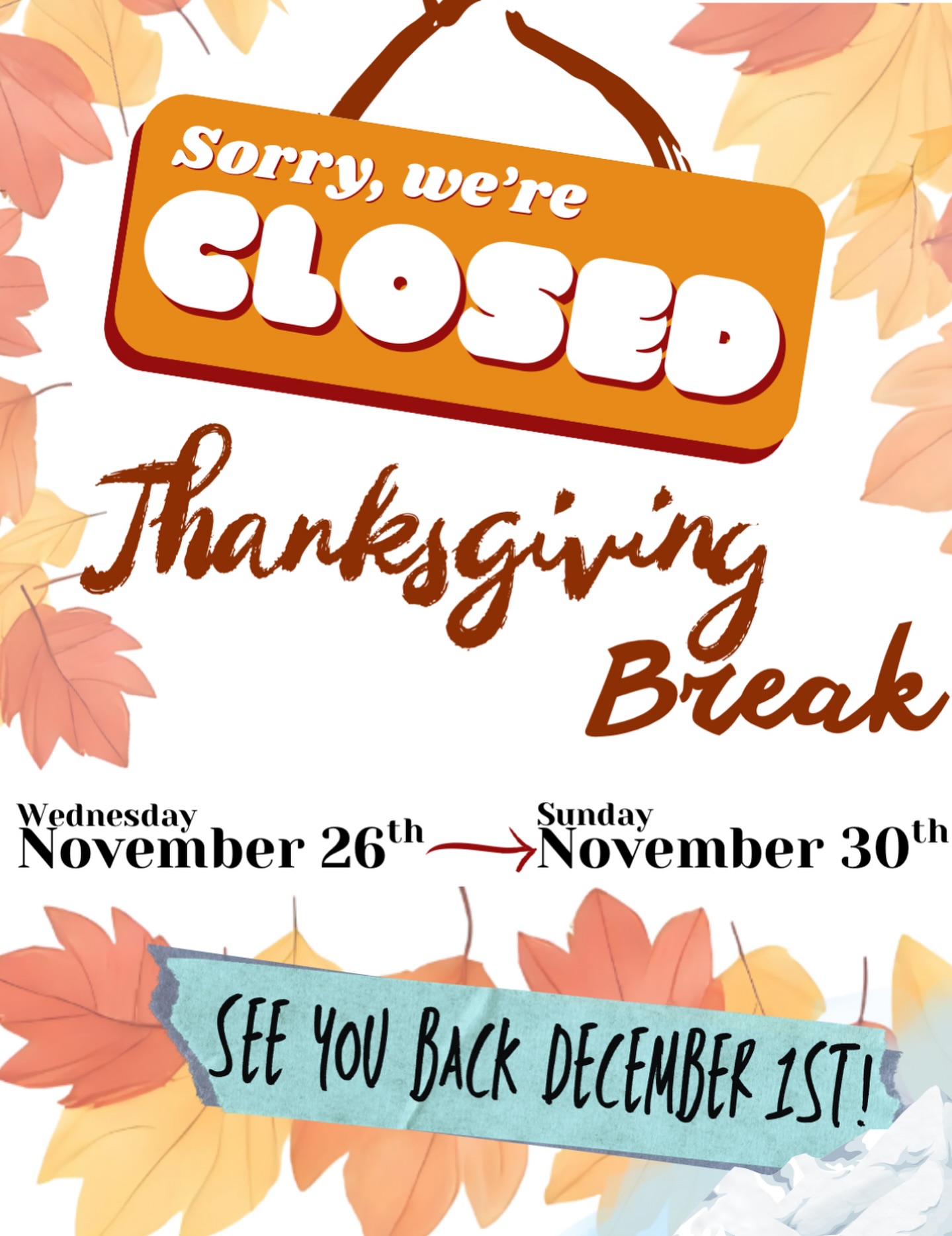 A reminder that our studio will be closed from Wednesday, November 26th to Sunday, November 30th. We hope you all take this break to spend the holidays with your loved ones and rest up! We’ll see everyone back in the studio on Monday, December 1st! 🍗❤️