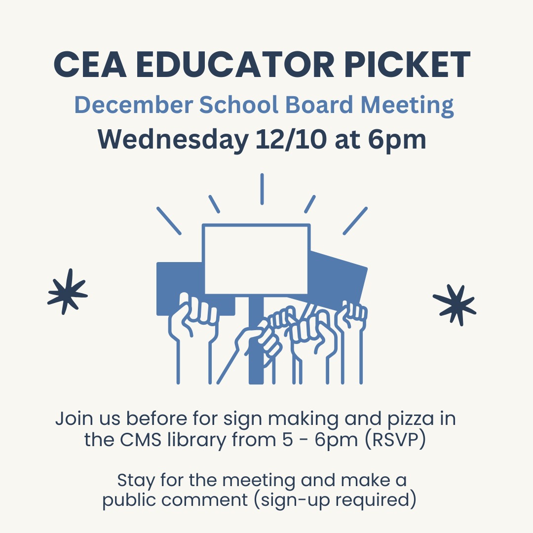 Join us on Wednesday (12/10) at 6pm to picket outside of the CSD school board meeting at the Centennial District Office. We also encourage members and community supporters to make a public comment at the meeting at 6:30.
Show up early to Centennial Middle School (shares a parking lot with the district office) for a pizza and sign-making party! RSVP in your email and in our stories.