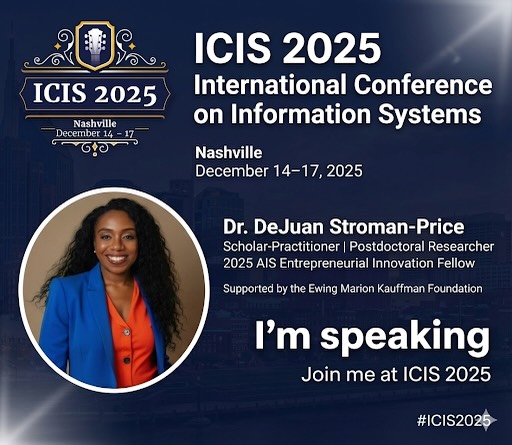 Today I am presenting my research at ICIS 2025 in Nashville, the flagship global conference of the Association for Information Systems.
My presentation, Digital Platforms, Network Engagement, and Entrepreneurial Success Among Black Women, draws from my doctoral dissertation research on Black women entrepreneurs, business networks, and entrepreneurial success.
This digital-focused segment examines how online platforms shape visibility, access to opportunity, and community building. Rather than treating platforms as neutral tools, the research centers on how entrepreneurs strategically engage digital spaces to activate networks and sustain momentum.
I am honored to share this work as a 2025 AIS Entrepreneurial Innovation Fellow, supported by the Association for Information Systems and funded by the Ewing Marion Kauffman Foundation.
#ICIS2025
#ScholarPractitioner
#BlackWomenEntrepreneurs