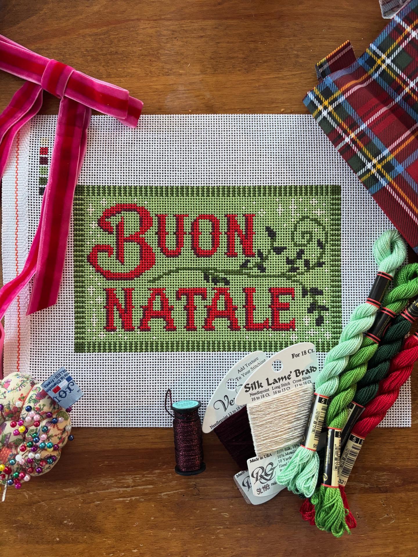 BRAND NEW! Buon Natale Needlepoint Canvas
I just love this design: it reminds me of my parents, my grandparents, my whole family, of singing Dominic the Donkey, of building cookie trays, of discussing the menu.
13 mesh, stitch painted, 5” x 8”, available now 😘