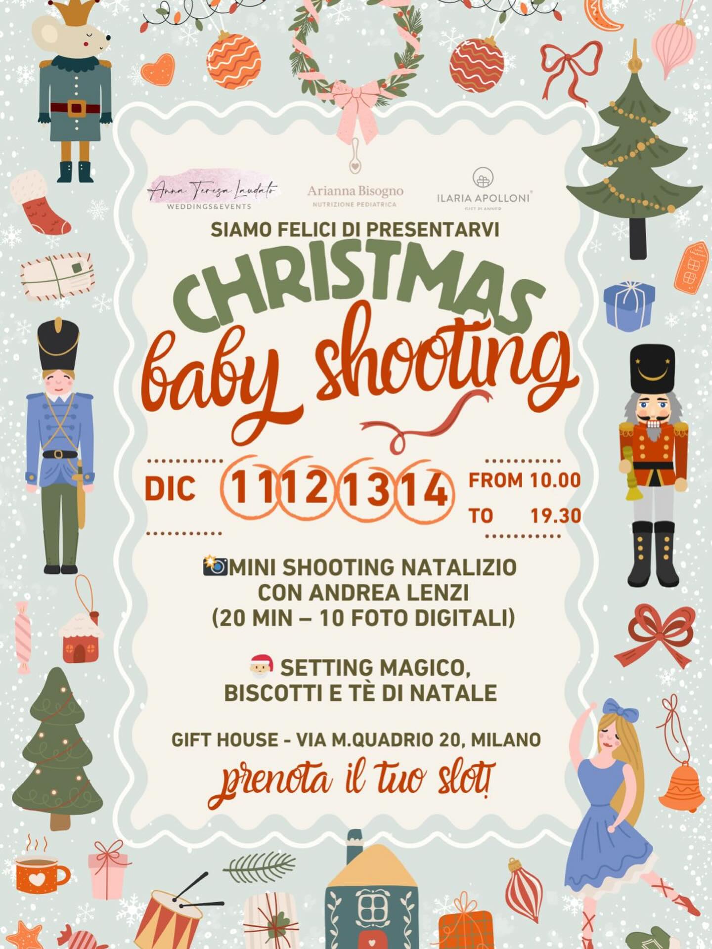 ⏰SAVE THE DATE
📷Mini shooting natalizio (20 min - 10 foto digitali)
Setting magico, biscotti e tè di Natale
📅11, 12, 13 e 14 dicembre
📍 House - Via M. Quadrio 20, Milano
⏱️10.00 - 19.30
In più potrete chiacchierare con:
🎁Ilaria per idee regalo,
🎀Annateresa per addobbi e tavola delle feste,
📋Arianna per i menù natalizi dei vostri bimbi
Un’occasione per foto stupende e tanta magia di
Natale