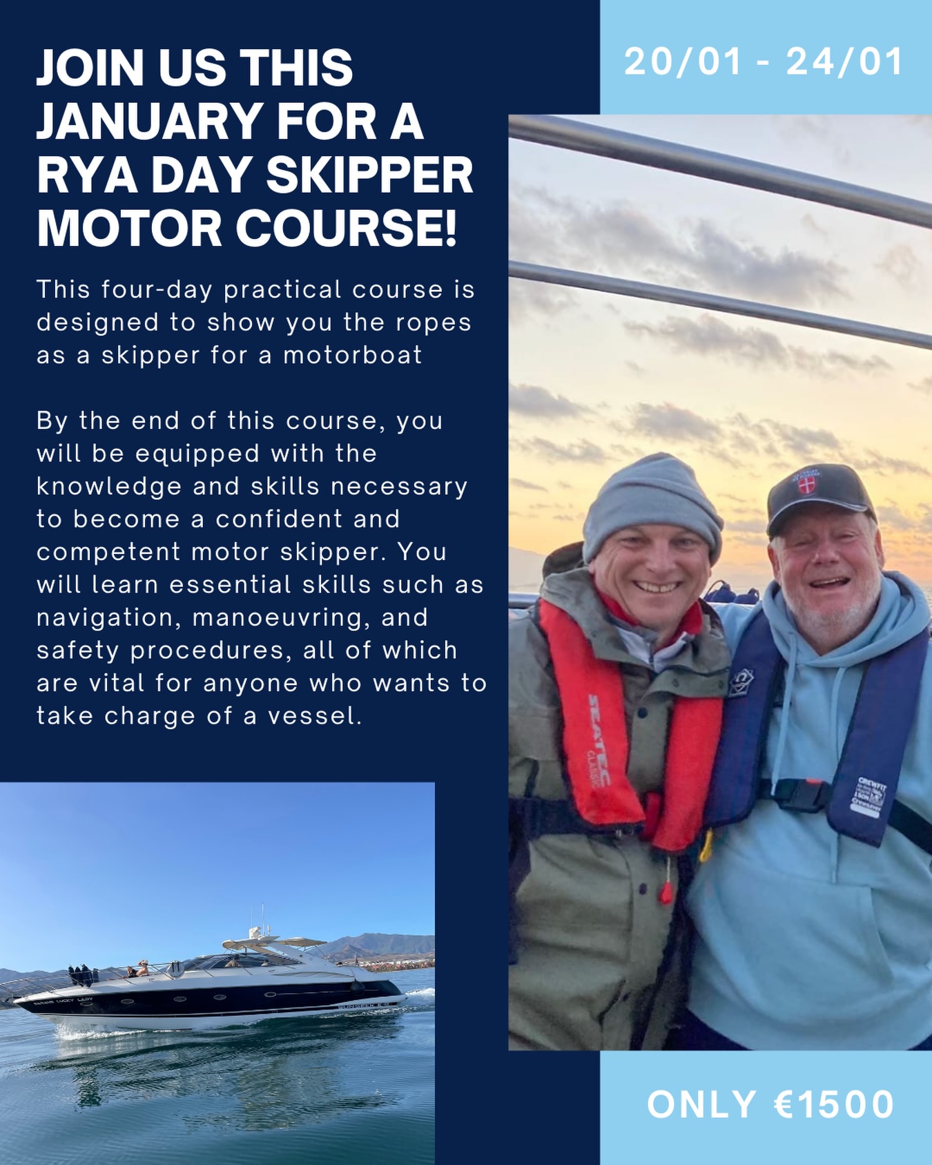 🛥️JOIN US THIS JANUARY FOR A RYA DAY SKIPPER MOTOR COURSE 🛥️
20th January - 24th January 2025
This four-day practical course is designed to show you the ropes as a skipper for a motorboat
By the end of this course, you will be equipped with the knowledge and skills necessary to become a confident and competent motor skipper. You will learn essential skills such as navigation, manoeuvring, and safety procedures, all of which are vital for anyone who wants to take charge of a vessel.
📞+34621089785
📨info@sailandpower.es
🌐www.sailandpoweracademy.es
#motor #sailingspain #ryaschool #sailingcourses #motorboat