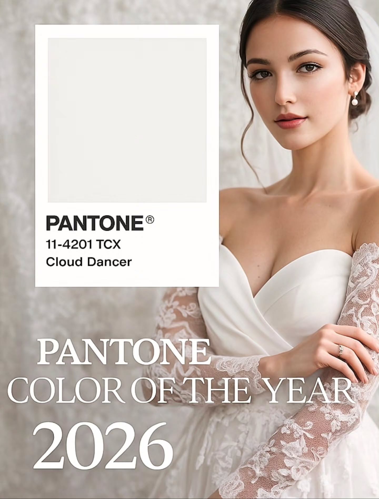 Introducing the Pantone Colour of the Year 2026: Cloud Dancer 🤍
A beautifully timeless shade that celebrates sophistication, purity and modern bridal elegance.
From clean minimal gowns to lace-layered detailing, this soft white tone will lead the way in wedding fashion and styling next season. 🤍🕊☁️
#WeddingIndustryNews #2026Brides