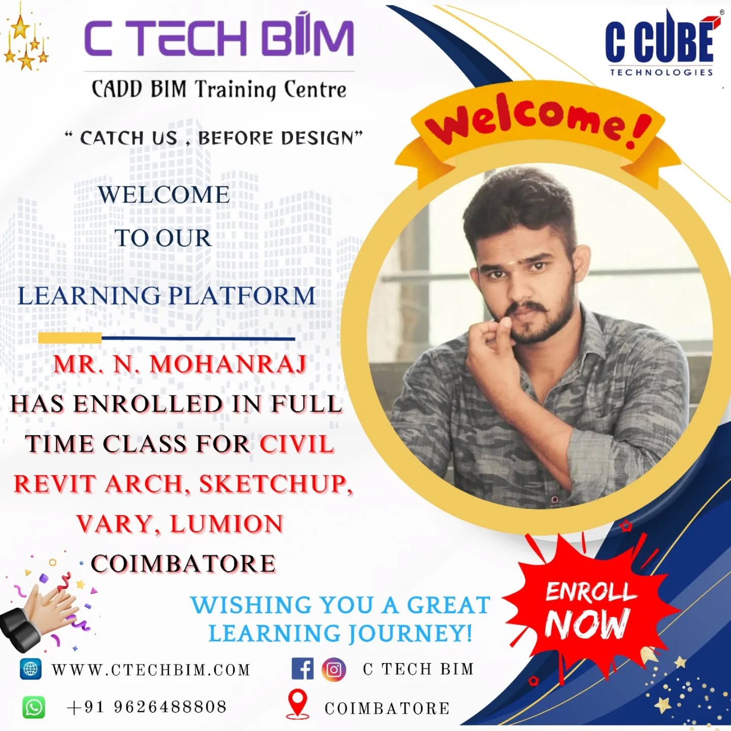 ๐ Welcome to C TECH BIM!
We are excited to welcome Mr. N. Mohanraj to our Full-Time Civil Training Program covering:
โจ Revit Architecture
โจ SketchUp
โจ V-Ray
โจ Lumion
These essential design & visualization tools are highly demanded in the civil & architecture industry, and weโre proud to support his skill-building journey! ๐
Wishing him a successful, creative, and inspiring learning experience ahead! ๐ผโจ
๐ Coimbatore
๐ www.ctechbim.com
๐ +91 96264 88808
#CTechBIM #RevitArchitecture #SketchUp #VRay #Lumion #CivilEngineering #ArchitectureDesign #SkillDevelopment #BIMTraining #VisualizationTools #Coimbatore #StudentWelcome #CADDTraining