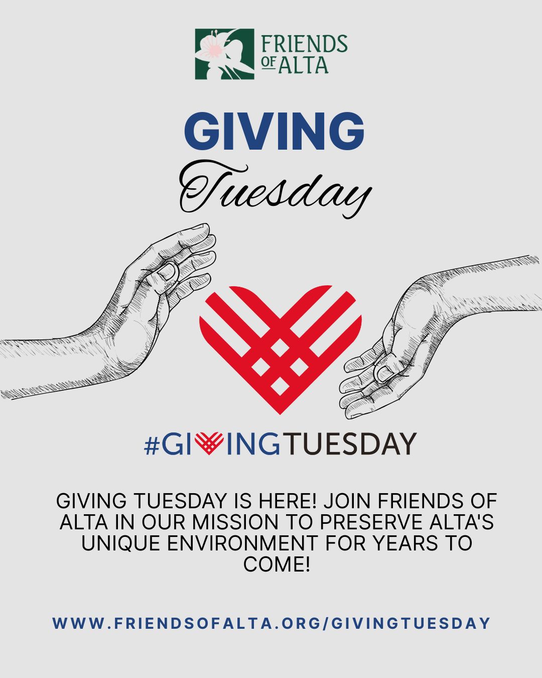 Today is #givingtuesday! This year, your support is even more powerful thanks to an exciting community match up to $2,950!! That means every dollar you donate to protect our beloved Alta will be doubled, doubling your impact on preserving the environment we all cherish.
#givingtuesday is a global day of generosity, and we’re thrilled to be part of this movement. By joining us, you help fund vital conservation efforts that safeguard Alta’s natural beauty and wildlife. Together, we can make a real difference—turning your gift into twice as much protection for the places we love. Let’s unite as a community to protect Alta’s environment for generations to come! Make a difference and donate today.
Donate at www.friendsofalta.org/givingtuesday or link in bio
