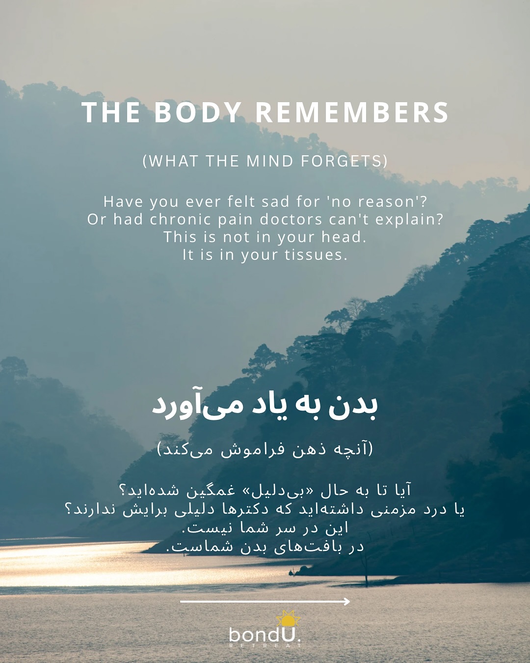 Your body is a diary, not a machine.
We often treat our bodies like taxis for our brains—just a vehicle to get us from point A to point B. But while your brain can choose to forget a painful memory to protect you, your body does not have that luxury. It remembers everything.
This is the core of Somatic Memory. When a survival event (trauma) happens and we don’t get to fight or flee, that massive surge of mobilization energy gets trapped in our fascia and muscles. It sits there, waiting to be released.
Years later, this trapped energy shows up as:
* Chronic tightness in the hips (the muscle of “running away”).
* A jaw that is always clenched (the muscle of “fighting back”).
* A throat that feels tight (the muscle of “screaming”).
The “Issues are in the Tissues.” You aren’t imagining the pain. You are carrying the past. True healing often requires us to stop talking about the story and start feeling the sensation. We have to help the body complete the cycle it started years ago.
Swipe to learn how to read your body’s map. 👉
Question: If your body could speak right now, which part would scream the loudest? (Shoulders? Lower back? Stomach?).
Let me know below. 👇
#somatichealing #thebodykeepsthescore #traumarecovery #chronicpain #nervoussystemregulation #mindbodyconnection #repressedemotions #healingjourney #holistichealth #psychosomatic
#حافظه_بدن #درمان_سوماتیک #تروما #درد_مزمن #سیستم_عصبی #ارتباط_ذهن_و_بدن #احساسات_سرکوب_شده #بهبودی #سلامت_روان #روانشناسی