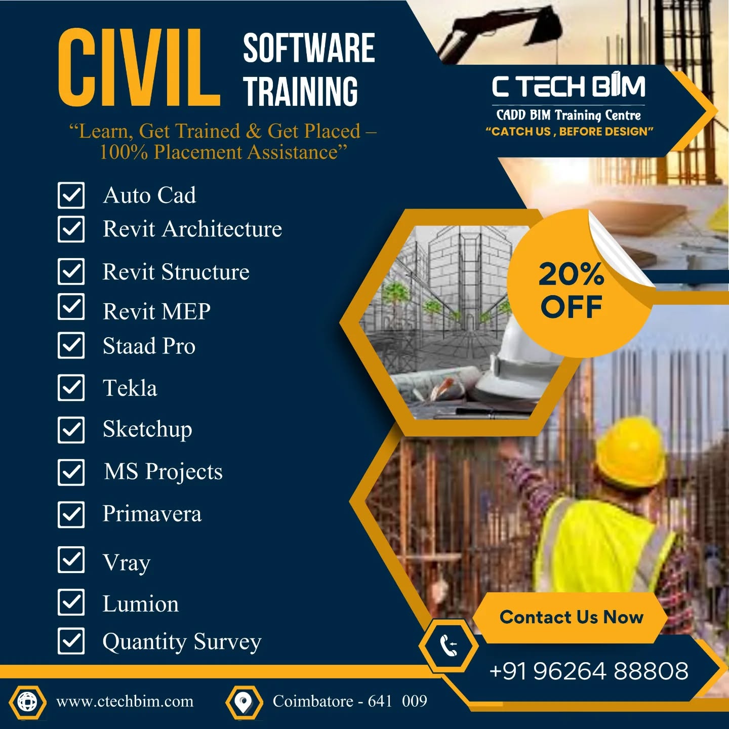 Build your Civil Engineering career with the best CADD & BIM training!
Learn top industry-demand softwares like AutoCAD, Revit, Staad Pro, Primavera, SketchUp, Lumion & more!
โ๏ธ 100% Placement Assistance
โ๏ธ Live Project Training
โ๏ธ Expert Faculty
โ๏ธ 20% OFF โ Limited Time Offer
Join C TECH BIM โ Coimbatore's Leading CADD BIM Training Centre
๐ +91 96264 88808
๐ www.ctechbim.com
#CivilEngineering #CADDTraining #CivilSoftware #AutoCAD #RevitArchitecture #RevitStructure #RevitMEP #StaadPro #Tekla #Sketchup #MSProjects #Primavera #Vray #Lumion #QuantitySurvey #BIMTraining #CivilStudents #Coimbatore