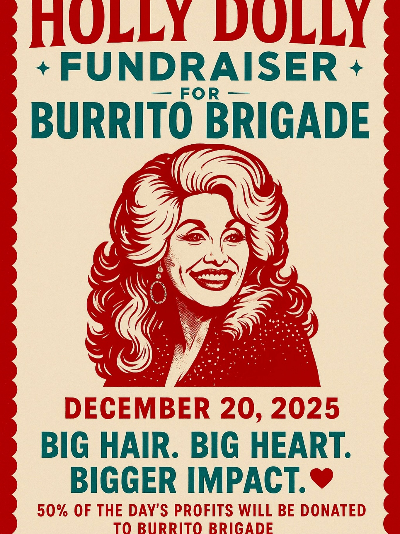 It’s that magical time of year again when Crow and Cart puts on its biggest hair and its sparkliest smile for the 4th Annual Holly Dolly Party, our Day of Giving!✨
Every year we whip up a limited-edition Dolly Parton commemorative mug, hotter than a fresh perm and twice as iconic, to raise funds for a local nonprofit doing real good in our neighborhood. This year, we’re proud as punch to be partnering with Burrito Brigade, who are out there fighting hunger one lovingly wrapped burrito at a time.
And sugar, we’re not playin’ around, 50% of the day’s profits will go straight to Burrito Brigade to support their mission. That means every sip, and Dolly-themed delight you treat yourself to helps feed folks right here at home.
So dust off those rhinestones, warm up your best “hello, darlin’,” and come celebrate with us. Let’s make our Queen Dolly proud and spread a whole lotta love (and maybe a little mischief) in the process.