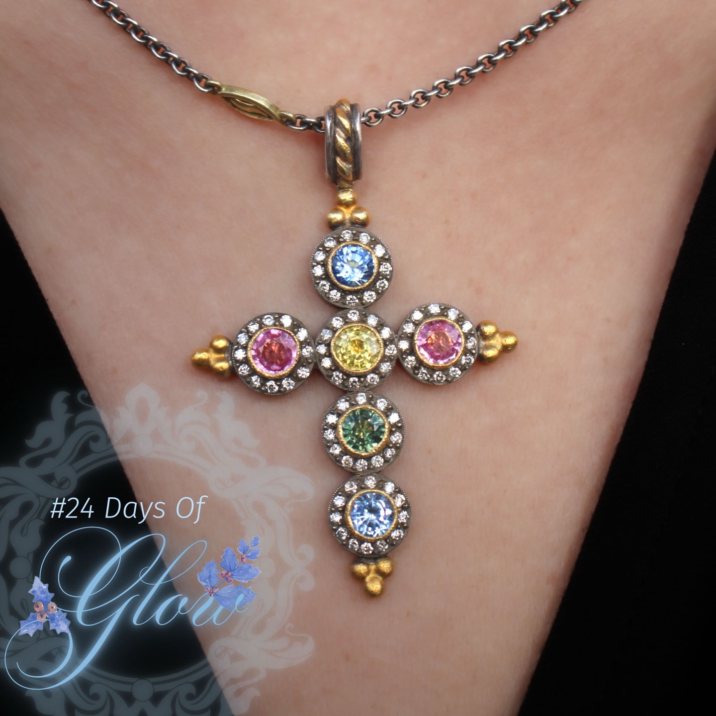 Day 4 of #24DaysofGlow highlights this radiant multicolor Sapphire cross necklace featuring blue, red, yellow, and green Sapphires, each framed with round diamond halos, and with high-karat accents at each end of the cross, all set with a striking blackened silver finish. ✨
#jewelryadventcalendar #sapphirenecklace #jewelrytok #multicolorsapphire