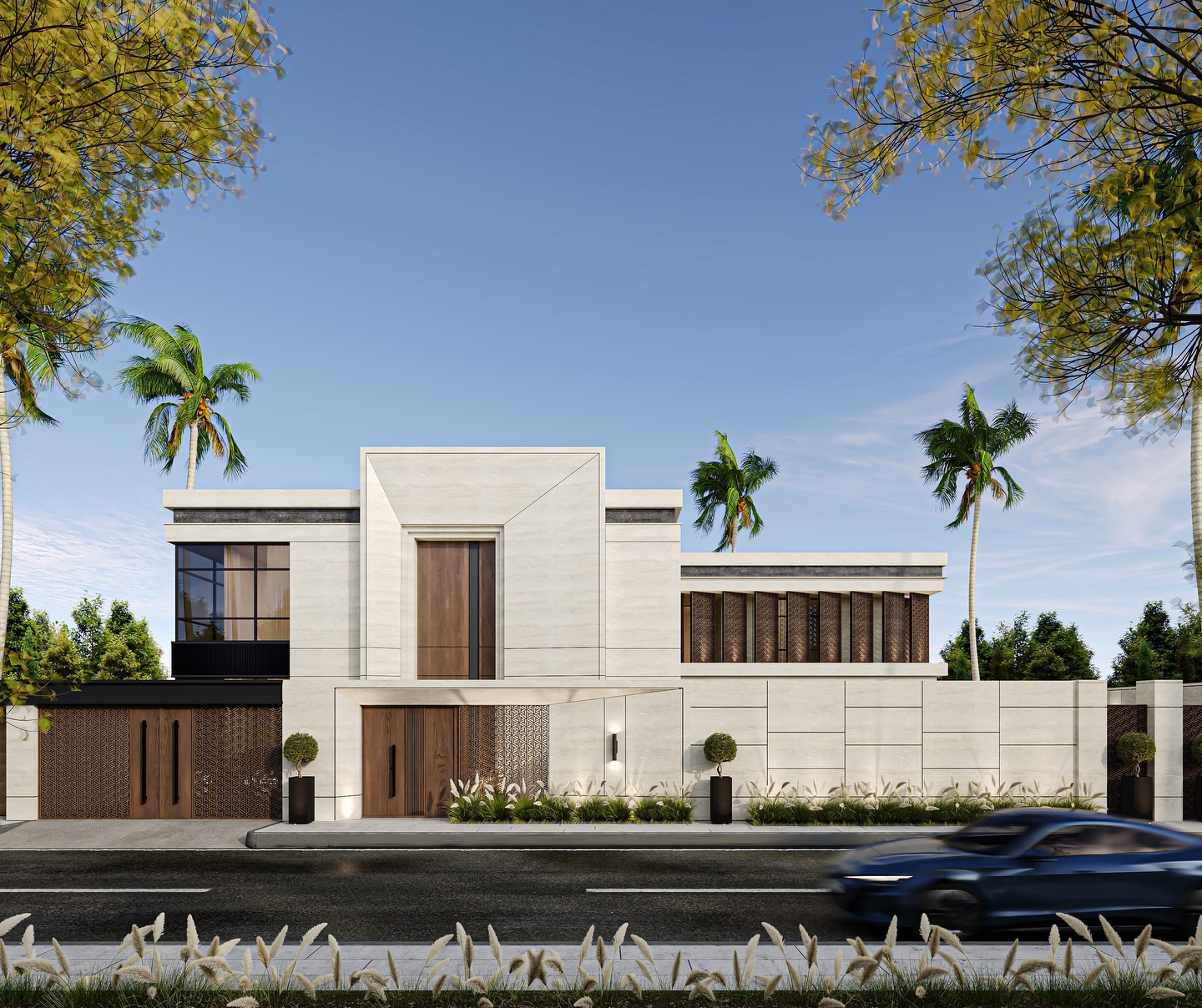 📍 Al Khobar, Saudi Arabia
Plot Area: 816 SQM
Built-up Area: 713 SQM
A contemporary villa designed with a refined balance of bold geometry, natural textures, and crafted screens that frame light and privacy with elegance.
The façade celebrates purity of form, layered stone masses, and warm timber accents, while the inner courtyard unfolds into a serene outdoor living space, a sculpted retreat with water, fire, and nature in perfect harmony.
Bespoke lattice panels, floating volumes, and meticulous detailing define the architectural language, merging modern minimalism with subtle regional identity.
A home envisioned as a quiet luxury sanctuary, where architecture, landscape, and light move together with timeless simplicity. ✨
#MaroonArchitects #LuxuryArchitecture #Khobar #SaudiArabia #dubai