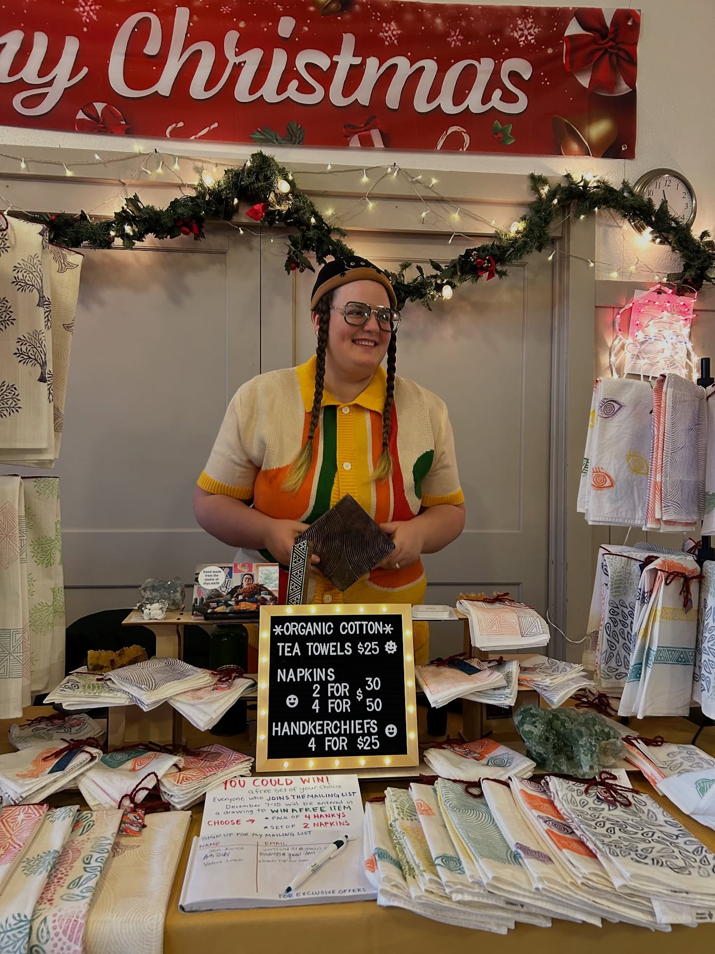 I’ll be at the Point Roberts Community Center this weekend for the holiday fair with my textiles and limited edition fine art prints. Great gifts starting at just $25.
The tea towels, table napkins, and handkerchiefs are organic cotton, and hand-stamped here at my studio in Point Roberts using the ancient craft of blockprinting. The color-fast designs are washable- beautiful enough to gift, but sturdy enough to stay bright even with years of use.
My fine art prints capture the depth and texture of needfelted wool, tapestries, and sheepskins worked in patterns inspired by the lands and waterways of this beautiful place. Available framed and unframed, printed with archival paper and inked. Each are numbered and signed
📸 #2 featuring my dear friend @kel.it.like.it.is who was the first recipient of my print “Riparian Dreams” 💚