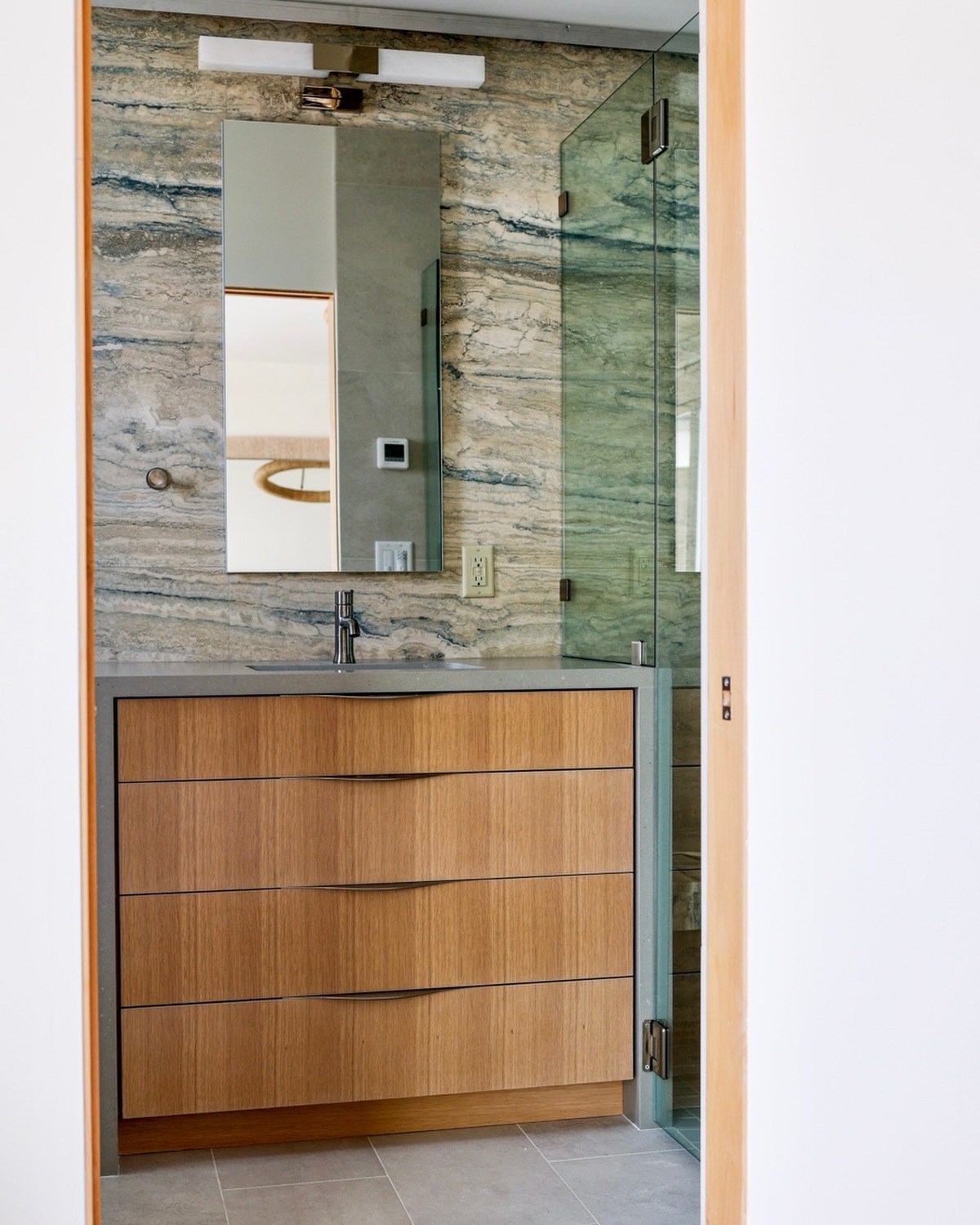 West Cliff white oak custom vanity. Check out the grain matched drawers!