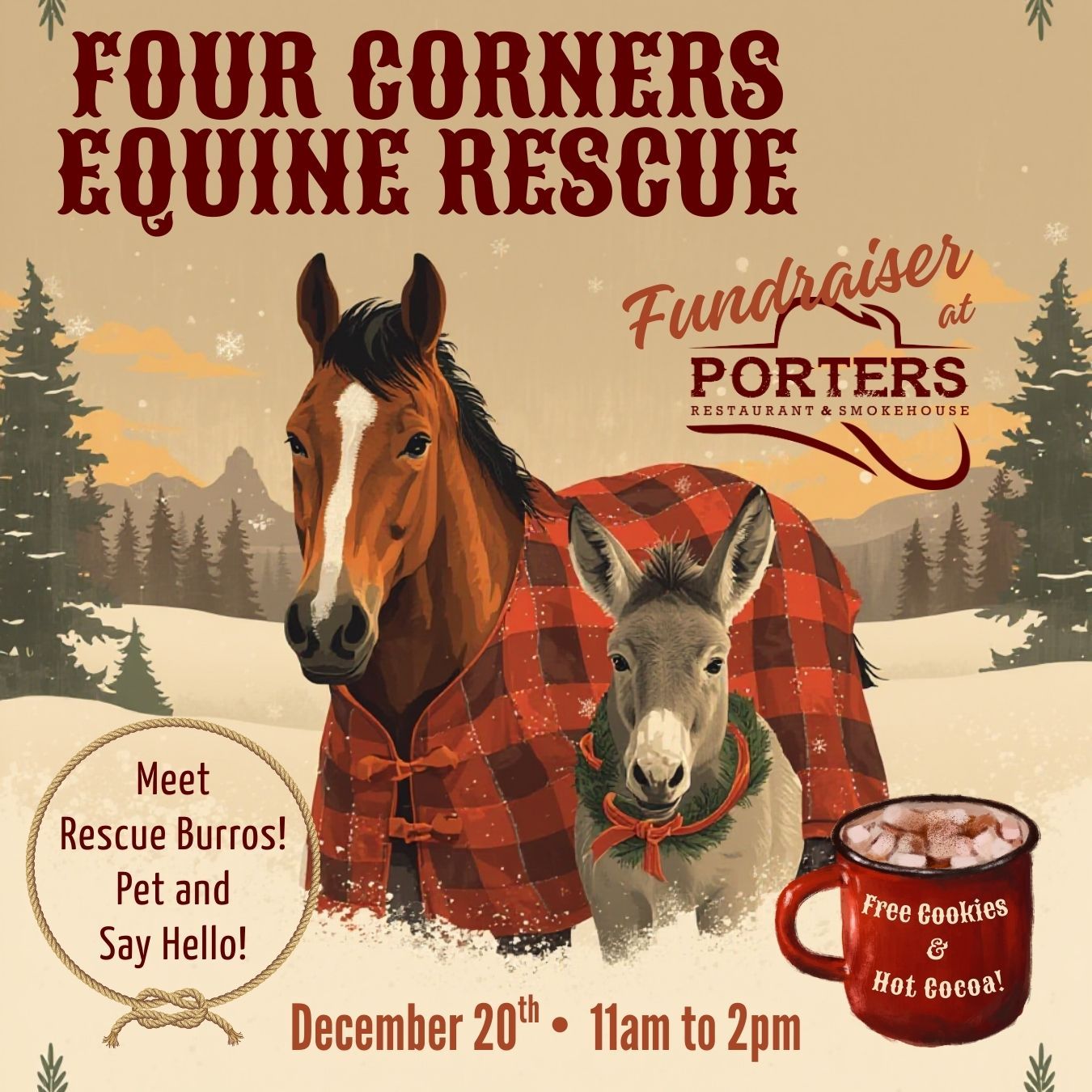 🐴🎄 Cookies, Cocoa & Kindness! 🎄🐴
Join us at Porters on Saturday, December 20th from 11AM–2PM for a heartwarming fundraiser in support of Four Corners Equine Rescue!
🫏 Come say hi to the rescue burros, here to charm you in person
🍪 Enjoy free cookies & hot cocoa
💛 Give back to a great cause while soaking up some holiday cheer
Bring the family, bring your giving spirit, and help us support the animals that need it most!
#FourCornersEquineRescue #HolidayFundraiser #FarmingtonEvents #CookiesAndKindness