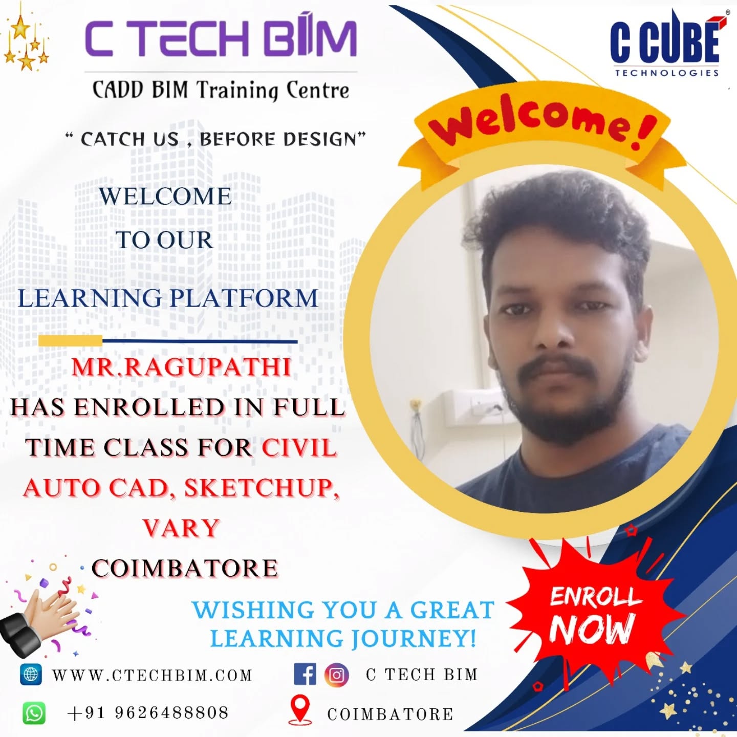 ๐ Welcome to C TECH BIM โ Learning Begins Here!
We are excited to welcome Mr. Ragupathi to our full-time Civil design programs โ AutoCAD, SketchUp & V-Ray at our Coimbatore centre!
At C TECH BIM, we empower students with real-time skills, industry-focused training & hands-on learning experiences.
๐ Ready to build your career in civil design?
๐ +91 9626488808
๐ www.ctechbim.com
๐ Coimbatore
#CTechBIM #CCubeTechnologies #CivilDesign #AutoCAD #SketchUp #VRay #BIMTraining #Coimbatore #LearningJourney #NewEnrollment #WelcomeToCTechBIM