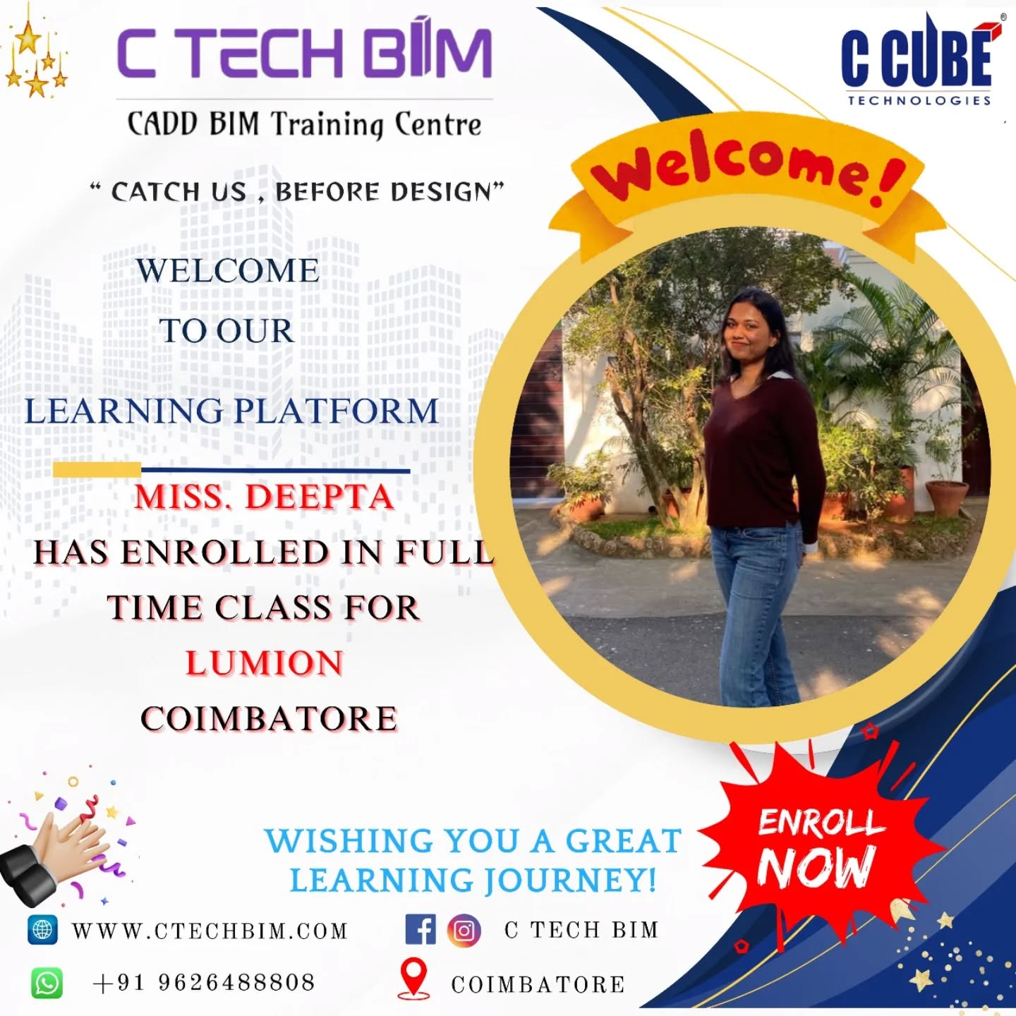 ๐ A warm welcome to Miss. Deepta!
Weโre excited to have her join our Full-Time Lumion Program at C TECH BIM, Coimbatore! ๐
At C TECH BIM, we guide students before design begins โ transforming creativity into professional skills.
โจ Course: Lumion
๐ Location: Coimbatore
๐ซ Institute: C TECH BIM โ CADD BIM Training Centre
Wishing you an amazing learning journey ahead! ๐
โก๏ธ Want to join? DM us or visit:
๐ www.ctechbim.com
๐ +91 96264 88808
#CTechBIM #Lumion #ArchitectureVisualization #3DRendering #Coimbatore #BIMTraining #DesignStudent #WelcomePost