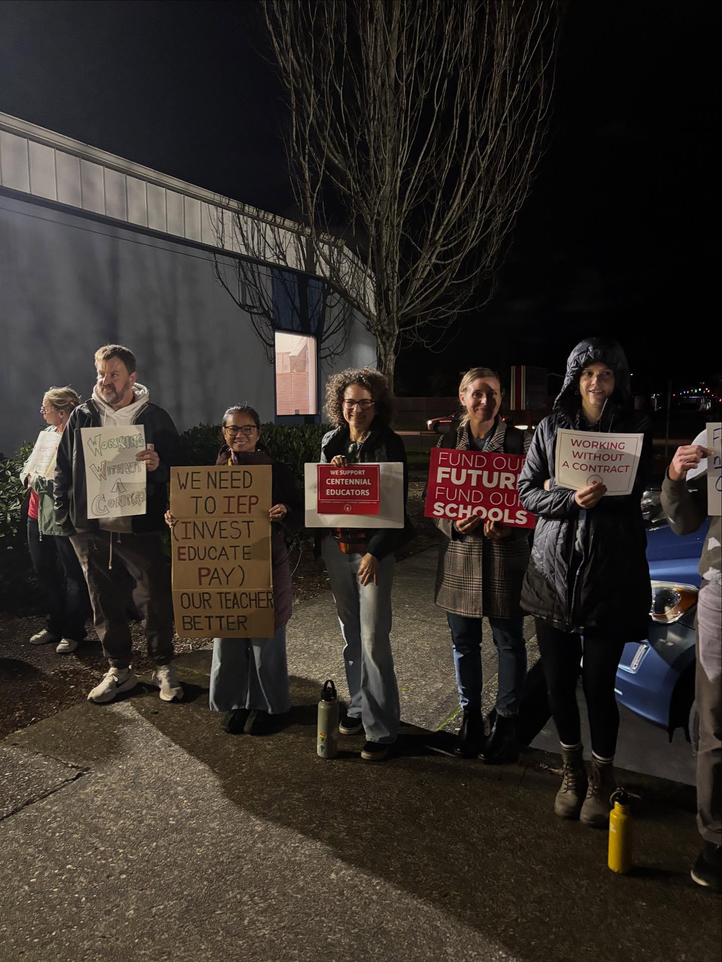 CEA members held an informational picket tonight in front of the CSD board meeting. We stood together with some catchy signs and practiced our chants. Then we filled up the tiny board room, flowing into the hallway.
Thanks to all who turned out and we can’t wait for the next one.