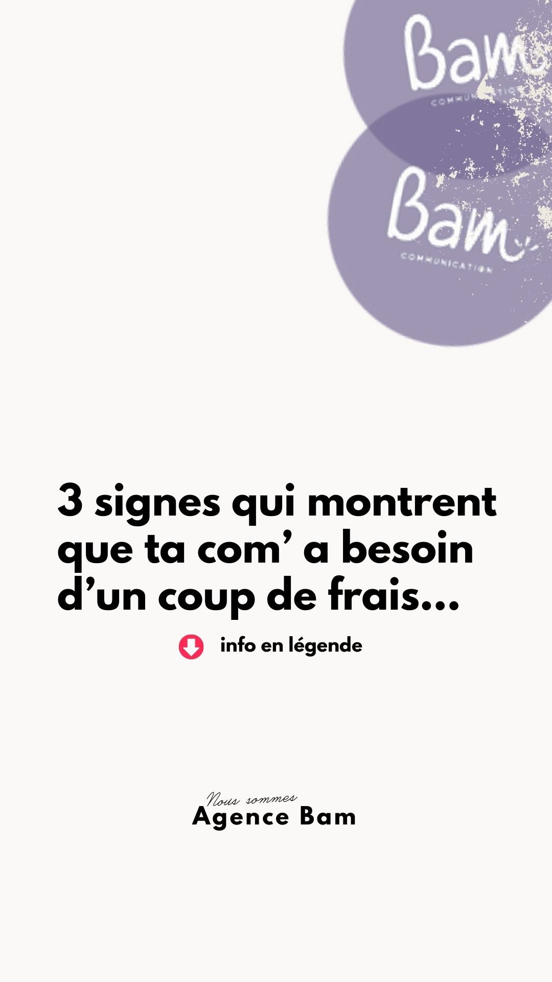 1️⃣Votre site raconte encore votre ancienne histoire.
Pendant ce temps, votre activité évolue, vos offres se transforment, vos clients aussi.
Et si on remettait tout à jour avant que votre communication ne vous freine au lieu de vous porter ?
2️⃣ Votre identité visuelle change d’un support à l’autre.
Jamais vraiment le même style, la même écriture, la même ambiance…
Et si on harmonisait le tout pour que, d’un seul coup d’œil, on vous reconnaisse enfin ?
3️⃣Vos textes expliquent votre métier… avec vos mots à vous.
Mais vos clients les comprennent-ils vraiment ?
Et si on repensait vos messages pour qu’ils soient lus, compris et retenus ?
A l’Agence Bam…
On met tout votre univers en cohérence. On vous rend lisible, reconnaissable et… surtout préféré, choisi.
Parce qu’une communication cohérente, c’est celle qui transforme un « on vous a vus » en « on veut travailler avec vous ».