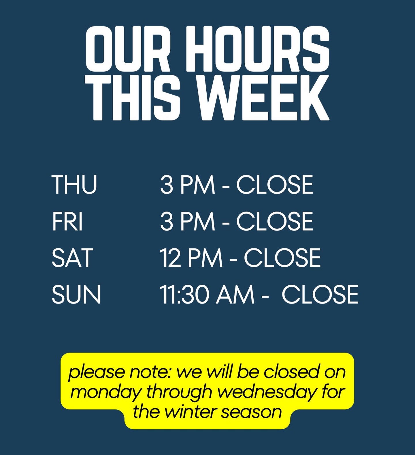 🚨We’re closed on Monday to Wednesday during chilly season, but come see us for ALL DAY HAPPY HOUR on Thursdays and Fridays + Thursday night trivia 🍻