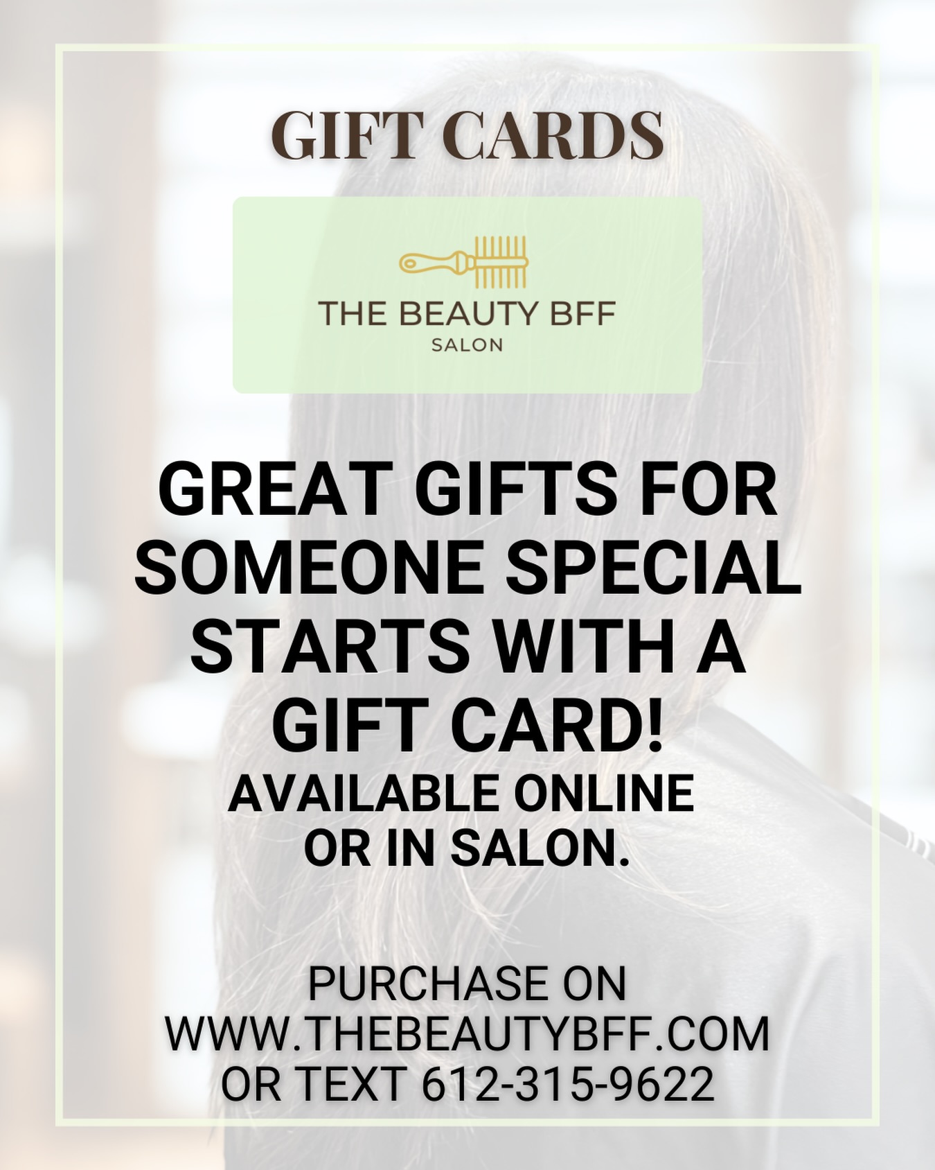 Hi Beauties! Not sure what to get your loved ones? Great gifts for someone special starts with a gift card. Available to purchase online or in person.
.
.
.
#giftcards #thebeautybffsalon #matthewrobertsalon
#beauty #haircuts #haircolor #theglowout