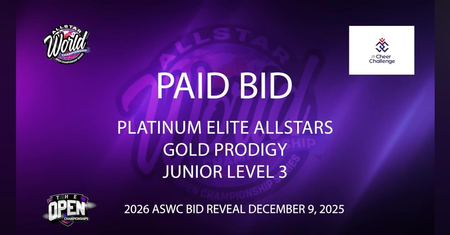 ✨ Elite Team • Miss Silver
🏆 Specialty Award: “Best Jumps”
💰 FULL PAID BID to All Star Worlds Championship
Miss Silver, your tumbling was unmatched — clean, powerful, and beautifully performed. A well-deserved full paid bid!
🎬 Elite Team • Gold Prodigy
🥇 1st Place in Division
👑 Grand Champions – All Level 3 Teams
🏆 Specialty Award: “Overall Best Choreography” & “Best Standing Tumbling”
💰 FULL PAID BID to All Star Worlds Championship
Prodigy brought Hollywood magic to the floor — star power, storytelling, and show-stopping performance quality. The crowd couldn’t help but watch like it was the premiere of the year!
💜 TO OUR ATHLETES, COACHES, & FAMILIES…
Thank you for the energy, the heart, the discipline, the late nights, the early mornings, the trust, and the love you invest into Platinum Elite All Stars.
This weekend was a celebration of EVERYTHING that makes our program extraordinary.
We are proud. We are grateful. We are inspired.
And we can’t wait to see what’s next. 💫 - Platinum Over Everything 🤩
