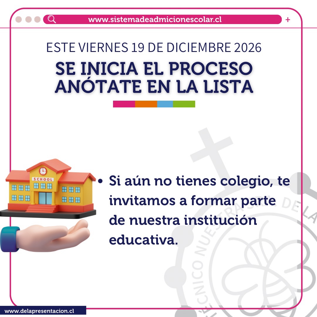 ¡Aún estás a tiempo de ser parte de nuestra comunidad! 🌟
Si no alcanzaste a postular a través del SAE en las etapas anteriores, este viernes 19 de diciembre se abre una nueva oportunidad. Comienza el proceso de “Anótate en la Lista”, la instancia para quienes aún buscan una vacante para el año escolar 2026.
Te invitamos a formar parte del Colegio Politécnico Nuestra Señora de la Presentación, donde transformamos vocaciones en realidades profesionales. 📚🛠️
📌 ¿Qué debes saber?
• Fecha de inicio: Viernes 19 de diciembre.
• Plataforma: Sistema de Admisión Escolar (Anótate en la lista).
• Dirigido a: Estudiantes que no tienen asignación de colegio o buscan una vacante disponible.
¡No dejes pasar esta fecha y asegura tu futuro con nosotros! 🏫✨
#Admisión2026 #AnótateEnLaLista #ColegioPolitécnico #EducaciónTécnica #SAE #Melipilla #FuturoProfesional
