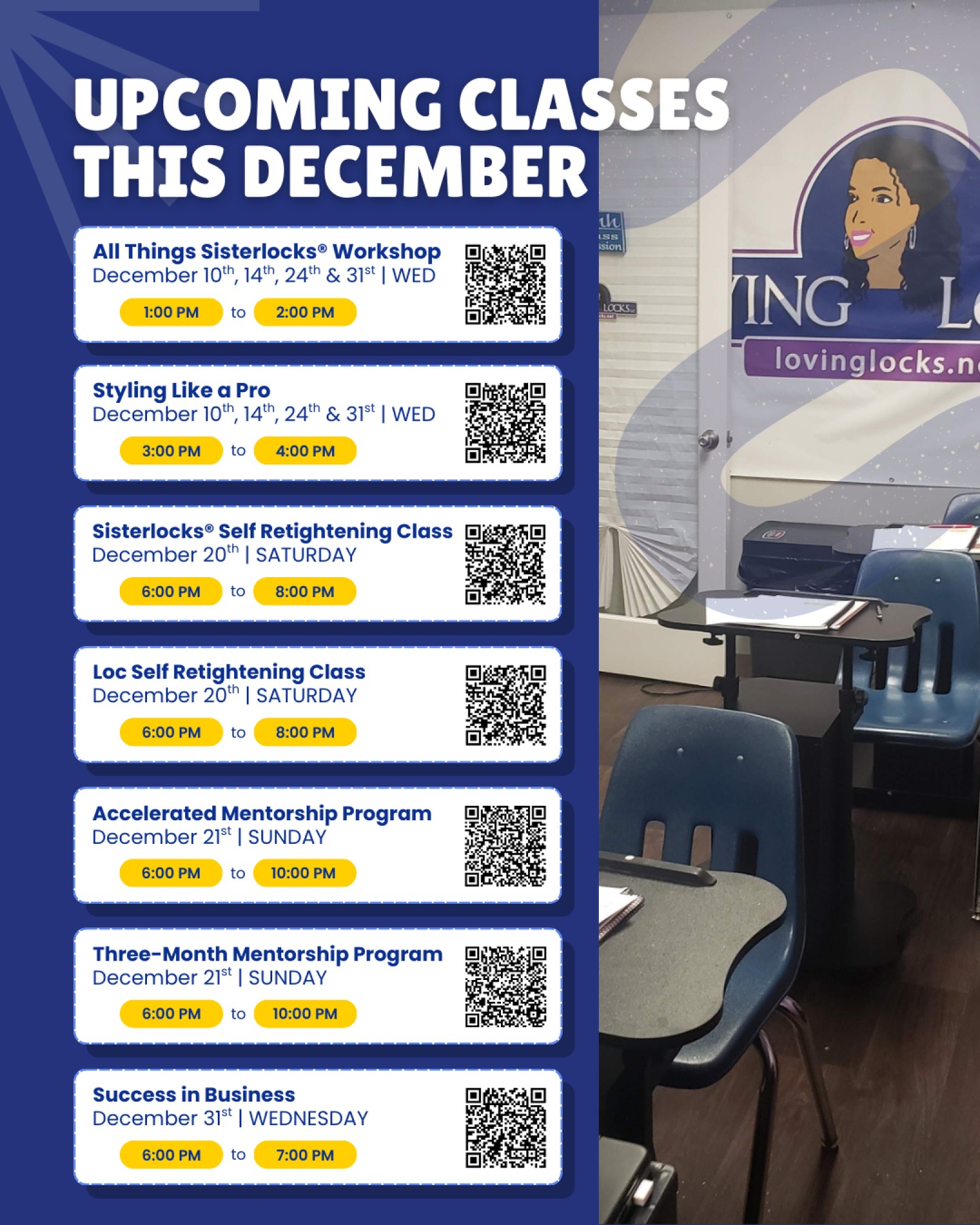 ⨠Ready to grow your skills before the year wraps up? āØ
Whether youāre starting your SisterlocksĀ® journey or leveling up your expertise, our December classes are packed with learning, hands-on training, and career-building opportunities. Donāt waitāyour next step starts this month!
December Class Lineup
š All Things SisterlocksĀ® Workshop
Dec 10, 14, 24 & 31 | Wed | 1ā2 PM
š Styling Like a Pro
Dec 10, 14, 24 & 31 | Wed | 3ā4 PM
š SisterlocksĀ® Self Retightening Class (in-person or by request online)
Dec 20 | Sat | 6ā8 PM
š Loc Self Retightening Class
Dec 20 | Sat | 6ā8 PM
š Success in Business
Dec 31 | 6ā7 PM
š Accelerated Mentorship Program
Dec 21 | Sun | 6ā10 PM
š Three-Month Mentorship Program
Dec 21 | Sun | 6ā10 PM
All other classes are online and self-paced, available anytime at your convenience. For mentorship programs, contact Janelle for onsite hands-on sessions.
Reserve your spot at www.vagaro.com/lovinglocksllc/classes
Questions? Contact Janelle at jlocks@lovinglocks.net
#sisterlocks #locs #training #naturalhair #education #classes #plymouth #Michigan