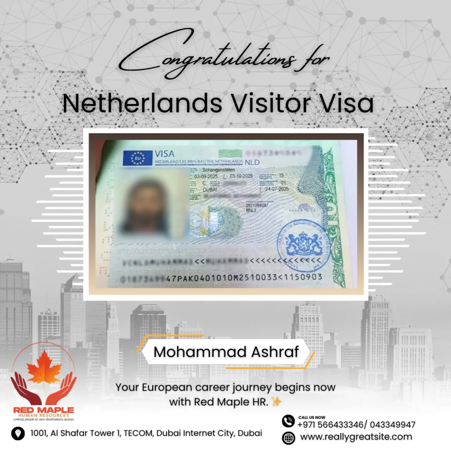 🎉 Huge Congratulations to Mr. Mohammad Ashraf on securing his Netherlands Visitor Visa! 🇳🇱✨
Your European journey begins here — travel, explore, and experience new opportunities with Red Maple HR by your side! 🌍✈️
#netherlandsvisa #visitorvisa #redmaplehr #travelabroad #workandtravel #europeanopportunities #visaapproved #exploreeurope #globaljourney #dreambig