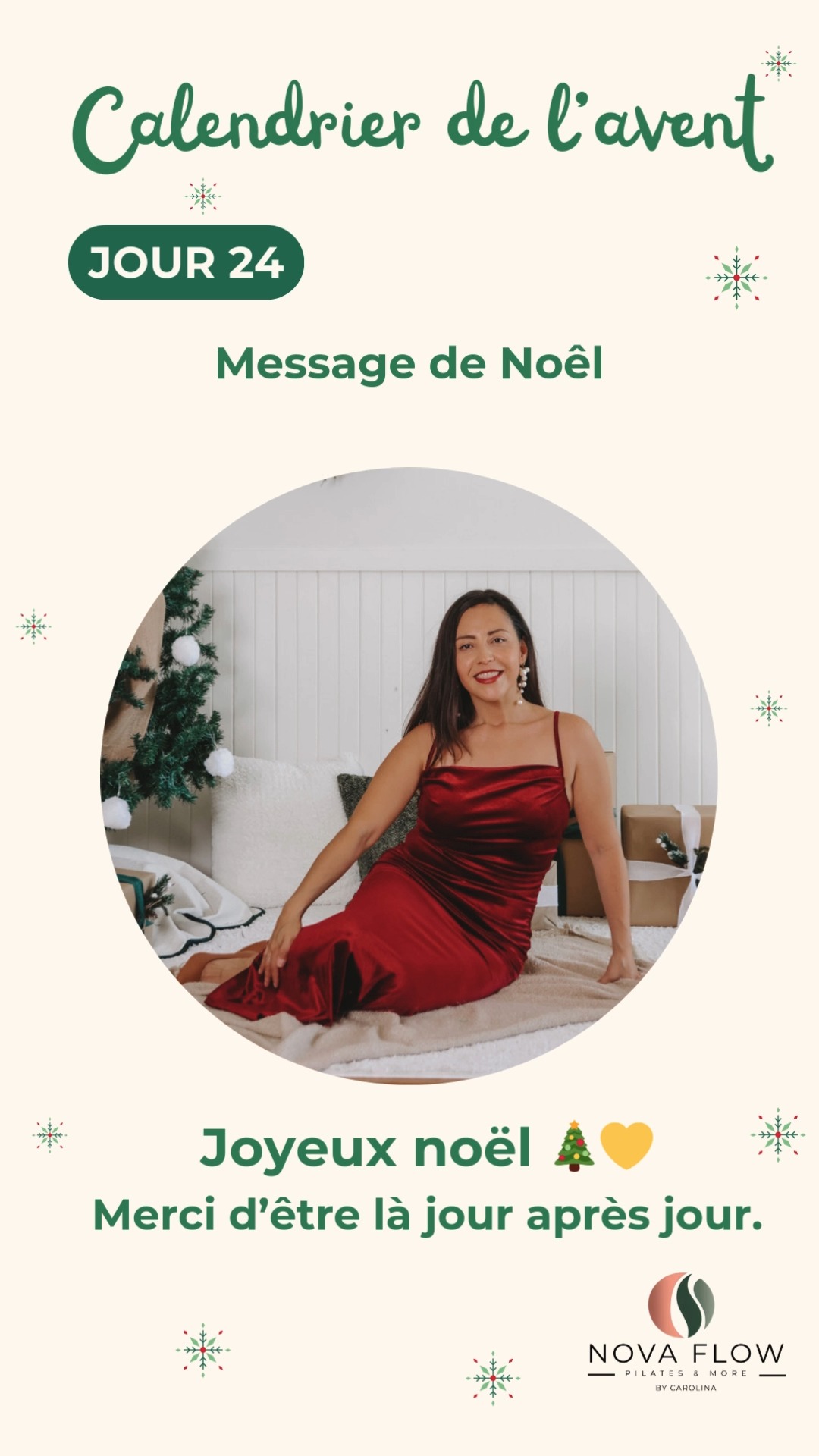 Jour 24 🎄💛 – Joyeux Noël
Merci d’être là jour après jour.
Que ton corps trouve douceur.
Que ton cœur trouve chaleur.
Merci pour cette belle aventure 💛
#JoyeuxNoël #CalendrierDeLavent #NovaFlow #pilatessherbrooke