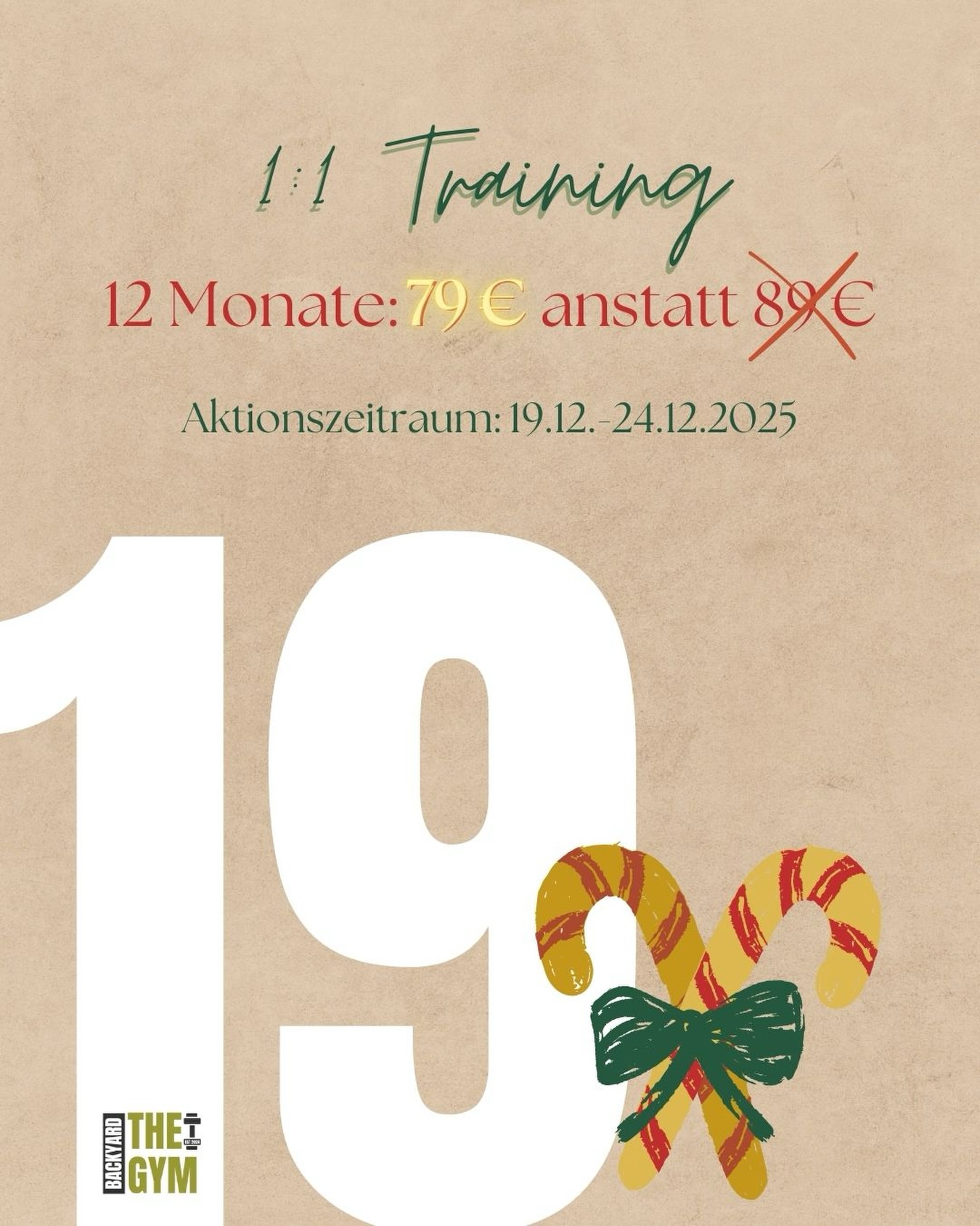 💪🏼 19. 12. – Jahresvertrag Deal!
Dein Commitment wird belohnt 💛
Heute gibt’s 10 € Rabatt auf 1:1-Jahresverträge –
also 79 € statt 89 € im Zeitraum 19.–24. Dezember!
Starte stark ins neue Jahr 🏋🏼♀️
#adventskalender#thebackyardgymsaar#püttlingen#saarland#personaltraining