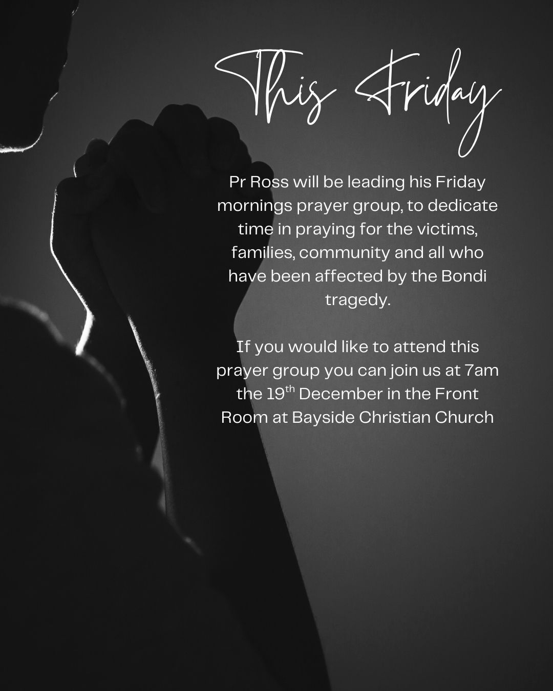 Following the Bondi tragedy there has been a great move in the community to come together and support and pray for all those who have been affected. We invite you to join us in prayer on:
- Friday 19th December at 7am for a prayer ministry time in the Front Room at Church
- Sunday 21st December 9am service, as we light a candle and hold a minutes silence in honour of the victims and all those affected.