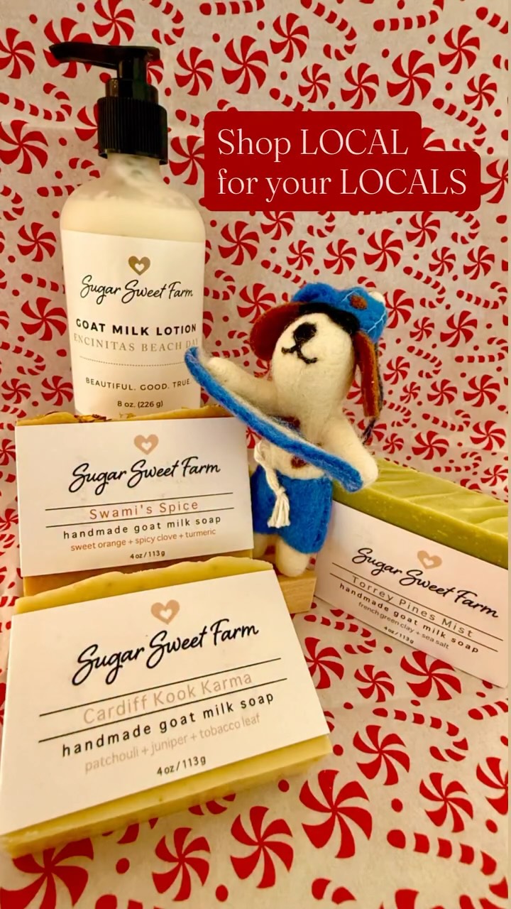 The ultimate North County pairing 🌊🐐
Cardiff Kook Karma Goat Milk Soap + Swami’s Spice Goat Milk Soap, paired with our dreamy Encinitas Beach Day Goat Milk Lotion.
.
.
Perfect for everyone on your list who loves salty air, sandy feet, and Encinitas spirit.
🎁Free local delivery
🎁Last-minute friendly
🎁Wrapped with care
Shop the farm store → link in bio
.
.
.
#shoplocal #familyfarm #smallbusinesses #womanowned #buylocal