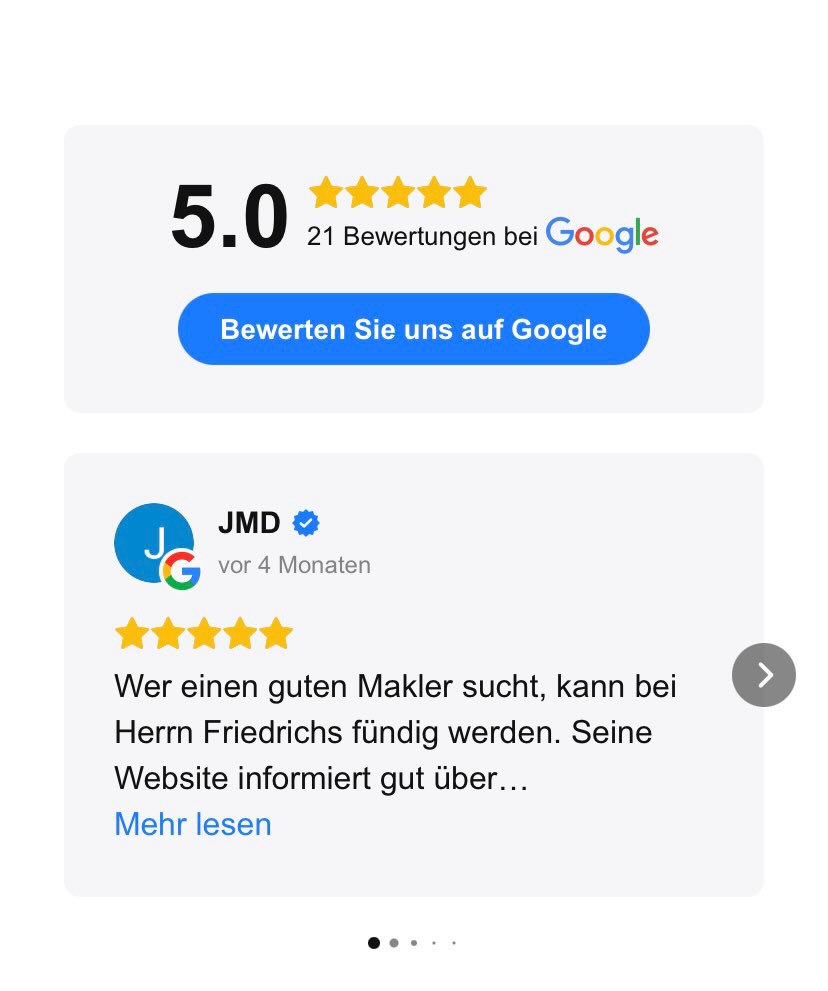 Heute möchten wir einfach mal DANKE sagen 🙏🏼.
Die positiven Bewertungen unserer Kundinnen und Kunden bedeuten uns unglaublich viel. Sie zeigen uns, dass Engagement, Transparenz und persönliche Beratung den Unterschied machen.
Jede erfolgreiche Vermittlung ist für uns mehr als nur ein Abschluss – sie ist das Ergebnis von Vertrauen, Zufriedenheit und einer Makler-Dienstleistung, auf die wir stolz sind.
Vielen Dank an alle, die ihre Erfahrungen mit steinhouse Immobilien teilen. Euer Feedback motiviert uns jeden Tag, weiterhin unser Bestes zu geben. 🏡✨
#kundenstimmen #zufriedenheit #immobilienmakler #vertrauen | #steinhouse