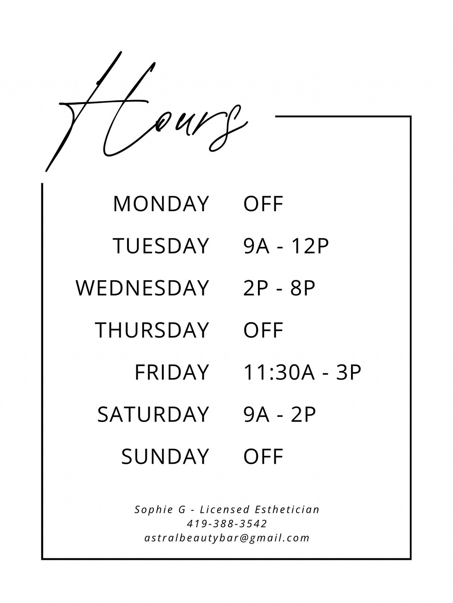 After the new year, my (Sophie’s) hours are changing slightly!
Morning appointments are now available on Tuesdays!
With the coffee lounge getting as busy as it is, my Saturday availability is now very limited.
Hope to see you all in my treatment room! Happy Holidays. 💝🎄