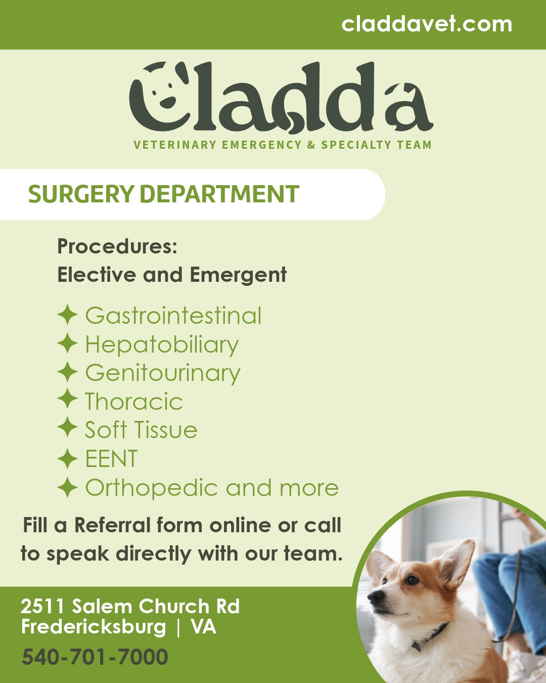Expert care for your furry friends 🐾
From elective to emergent procedures, Cladda’s Surgery Seam is here to provide exceptional care for your pets. Whether it’s gastrointestinal, orthopedic, or soft tissue needs, we’ve got you covered.
Complete a referral form online or call us today to discuss how we can help.