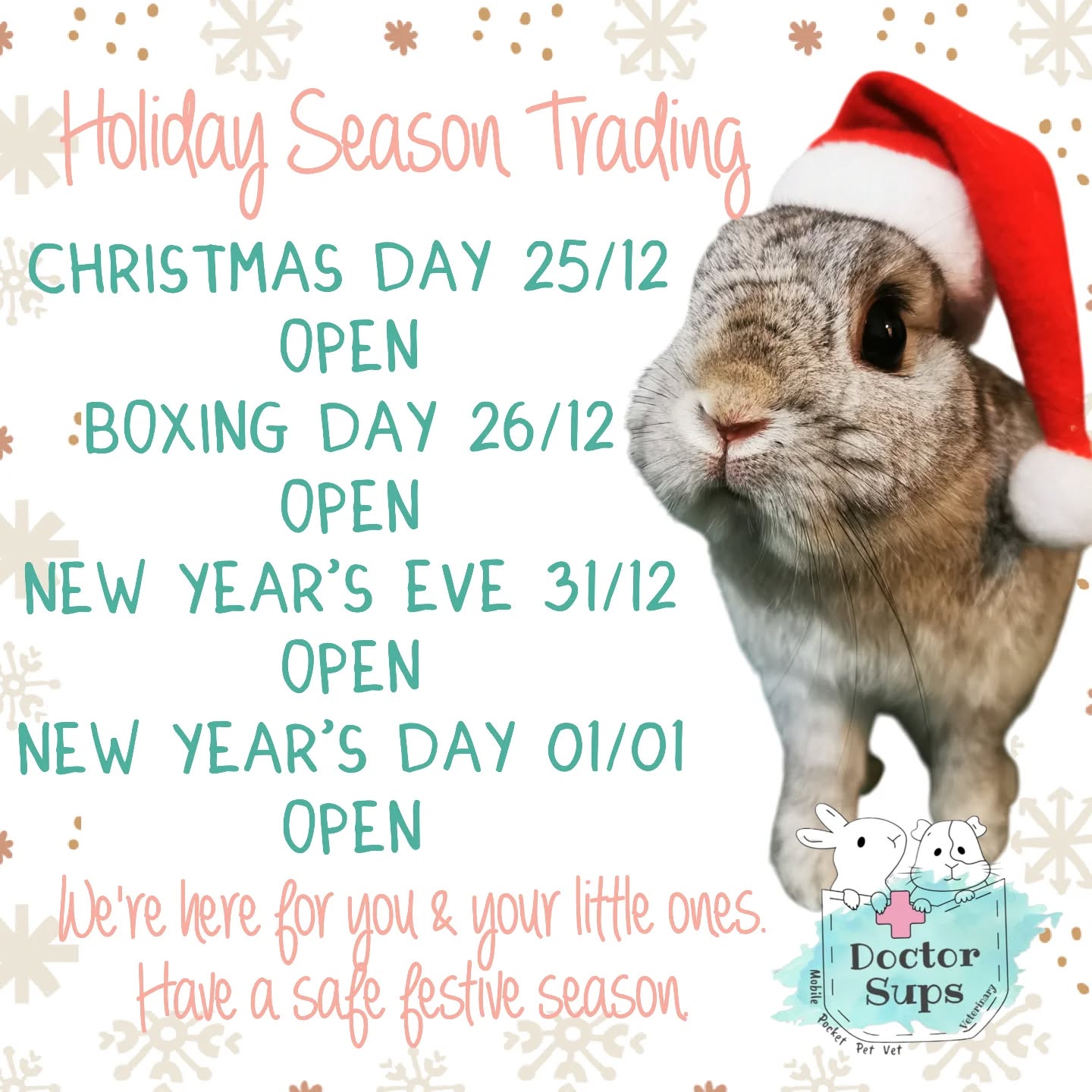 ✨ Christmas & New Year’s Trading ✨
We’ll be here over the holiday season to support you and your little ones🐰🐹🐭.
📆 Appointments can be booked online via doctorsups.com.au.
Public holiday surcharge applies.
As Doctor Sups Veterinary is a single-vet service, communications and responses to general enquiries may be limited during this period. Thank you for your patience and understanding.
Wishing all our little friends and their families a peaceful and healthy holiday season🎄.
With ♥️, Dr Sups & team.
#doctorsupsveterinary #doctorsups #mobileveterinaryservice #pocketpetvet