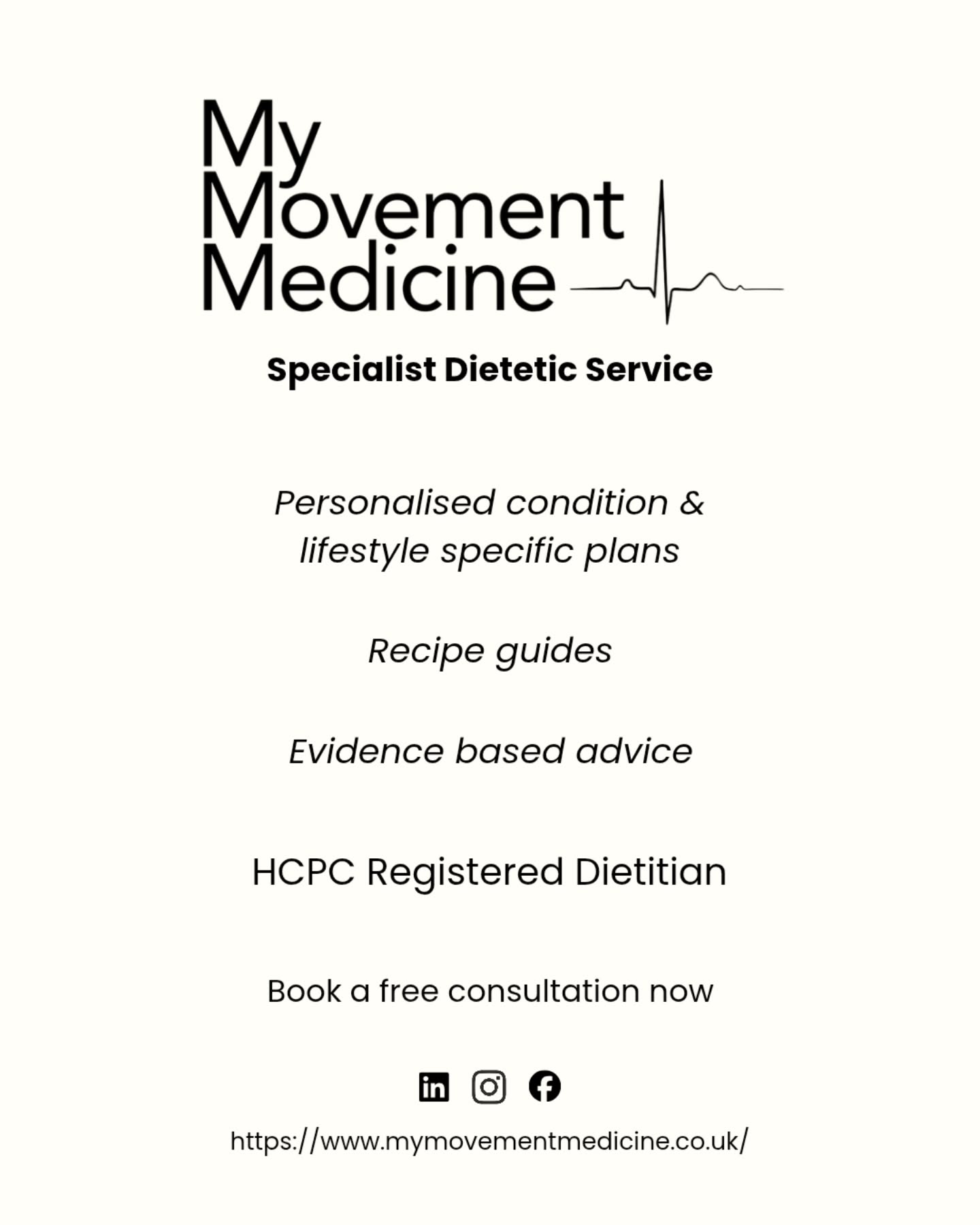 Specialist Dietetic Support – Now Available
I’m pleased to be collaborating with @dietitian_davies, a registered, accredited Dietitian, to offer specialist dietetic support alongside My Movement Medicine.
This service is ideal if you want clear, evidence-based nutrition advice to support heart health, long-term conditions, recovery, or general wellbeing.
Available support includes:
• 1-to-1 dietetic consultations
• Personalised meal plans
• Practical, realistic nutrition strategies
• Support that fits around your lifestyle and health goals
Whether you’re managing a health condition or simply want structured, professional guidance, this service works alongside your exercise programme for a joined-up approach to health.
📩 DM or visit the website to enquire or book
#MyMovementMedicine #DietitianSupport #HeartHealth #NutritionForHealth #EvidenceBasedNutrition