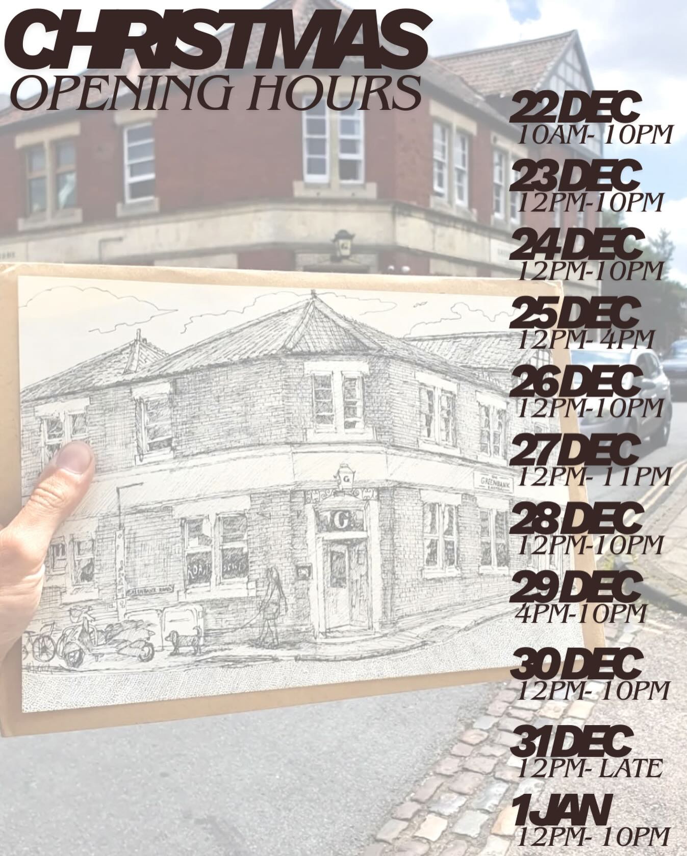 We are looking forward to seeing your faces over Christmas, here are our opening hours for the end of December into January.
Merry Christmas! 🎄🌟🧣
(Drawing by the super talented @frankspubdrawings)