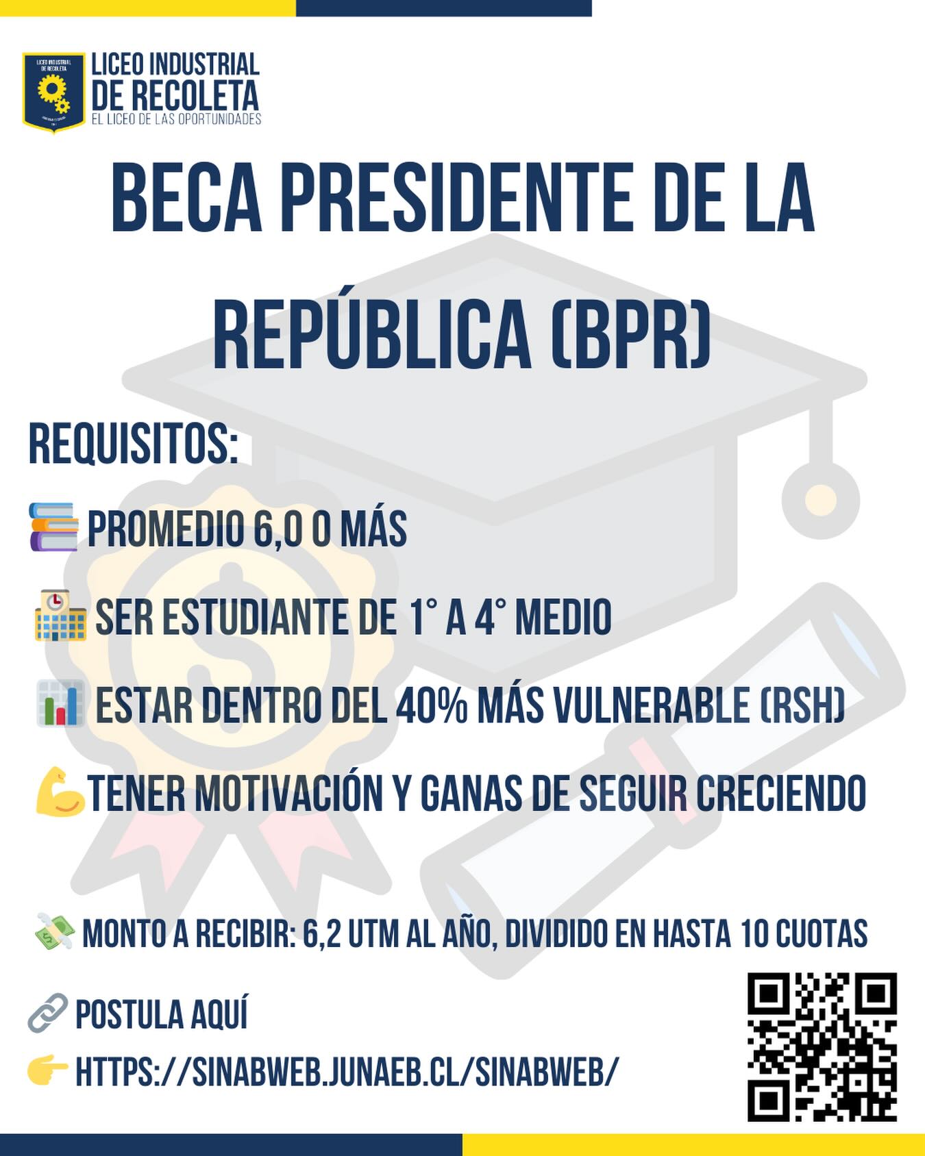 🎓✨ BECA PRESIDENTE DE LA REPÚBLICA ✨🎓
Si eres estudiante de 1° a 4° medio, esta beca puede ser para ti 👀👇
📌 Requisitos:
📚 Promedio 6,0 o más
🏫 Ser estudiante de 1° a 4° medio
📊 Estar dentro del 40% más vulnerable (RSH)
💪 Tener motivación y ganas de seguir creciendo
💰 Monto:
➡️ 6,2 UTM al año, divididas en hasta 10 cuotas
🔗 Postula aquí:
👉 https://sinabweb.junaeb.cl/sinabweb/
(O escanea el QR del afiche 📲)
📢 ¡No pierdas esta oportunidad! Infórmate, postula y sigue avanzando en tu camino educativo 💙💛
#BecaPresidente #Junaeb #Oportunidades #LiceoIndustrialRecoleta #Educación #BecasChile #SigueCreciendo