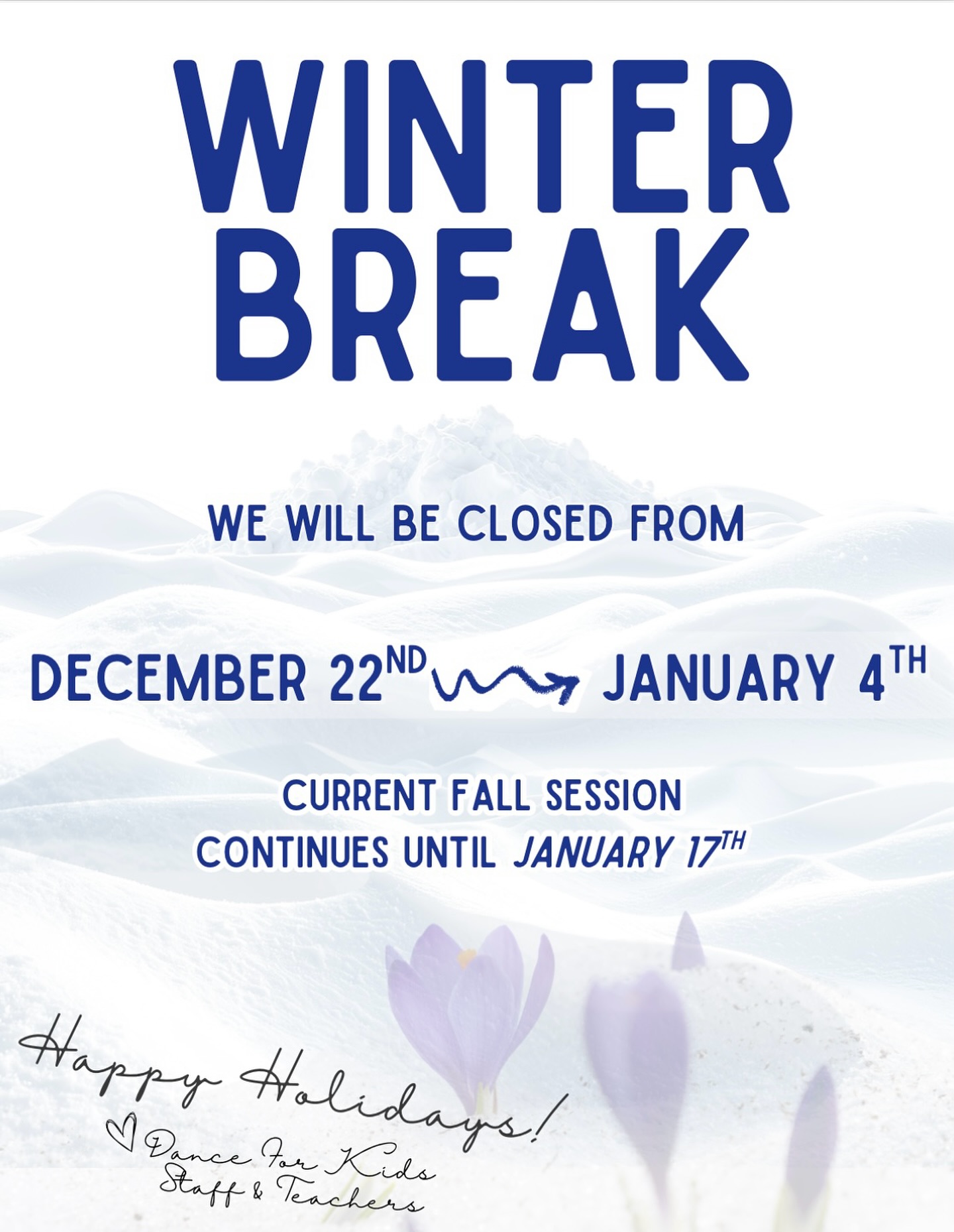 We wanted to inform you that Dance For Kids will be closed starting Monday, December 22nd to Sunday, January 4th for all classes (including Parent & Me) for our Winter Break. Enjoy the holidays with your loved ones and we’ll see all of our dancers back in the studio ready to dance on Monday, January 5th! 🎄❄️☃️