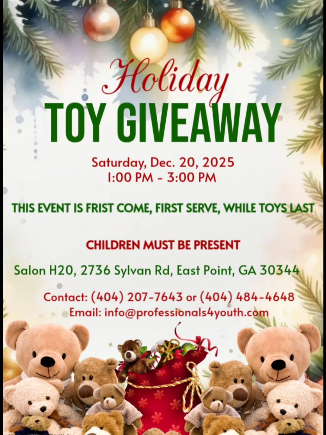 Children will recieve @free @haircuts today from Salon H20 @h2ostephanie We'll see you there!
#christmas #toys #donate #holidaygiveaway #holiday mmunity charity explore exploremore salonh20 mentor mentorship mentoringmatters youth pay payitforward professionals4youth pros4youth supportyouth Riverdale southfulton followusonigandtwitter@pros4youth followusonfb @professionals4youth