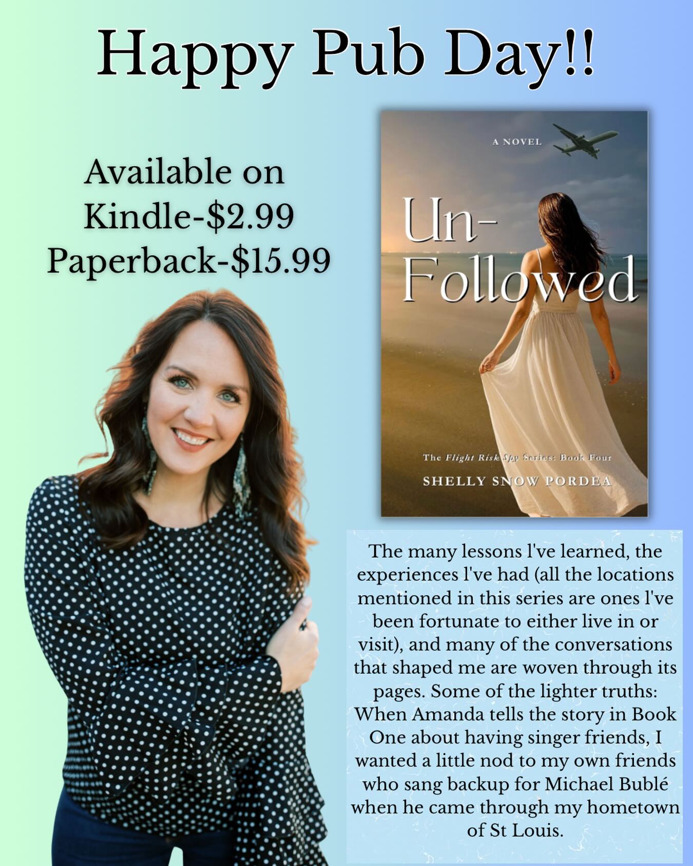 It’s Pub Day for the fourth and final book in the Flight Risk Spy Series.
Amanda’s story has now come to an end, but as you read my new blog post it will tell you more as to why I write, and how Amanda came about.
Here you can copy and paste the link to the blog: https://www.shellysnowpordea.com/post/why-i-write
Or you can click the link I will add in my story.
I hope you all have enjoyed this series as much as I enjoyed writing it.
#flightriskspyseries #mysteryactionfiction #womensactionfiction #fictionbooks