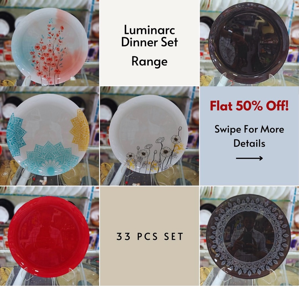 Luminarc Dinner Set – 33 Pcs 🍽️
Includes:
6 dinner plates
6 quarter plates
6 katori
6 soup bowls
6 tea mugs
2 serving bowls
1 rice plate
MRP: ₹6,795
Our price: ₹4,500
Offer price: ₹3,400 (flat 50% off)
Offer valid till 31st December
DM us to order or visit our shop.
Full address mentioned in bio.
Near Crawford Market, Musafir Khana, Mumbai.
Wholesale & retail available.