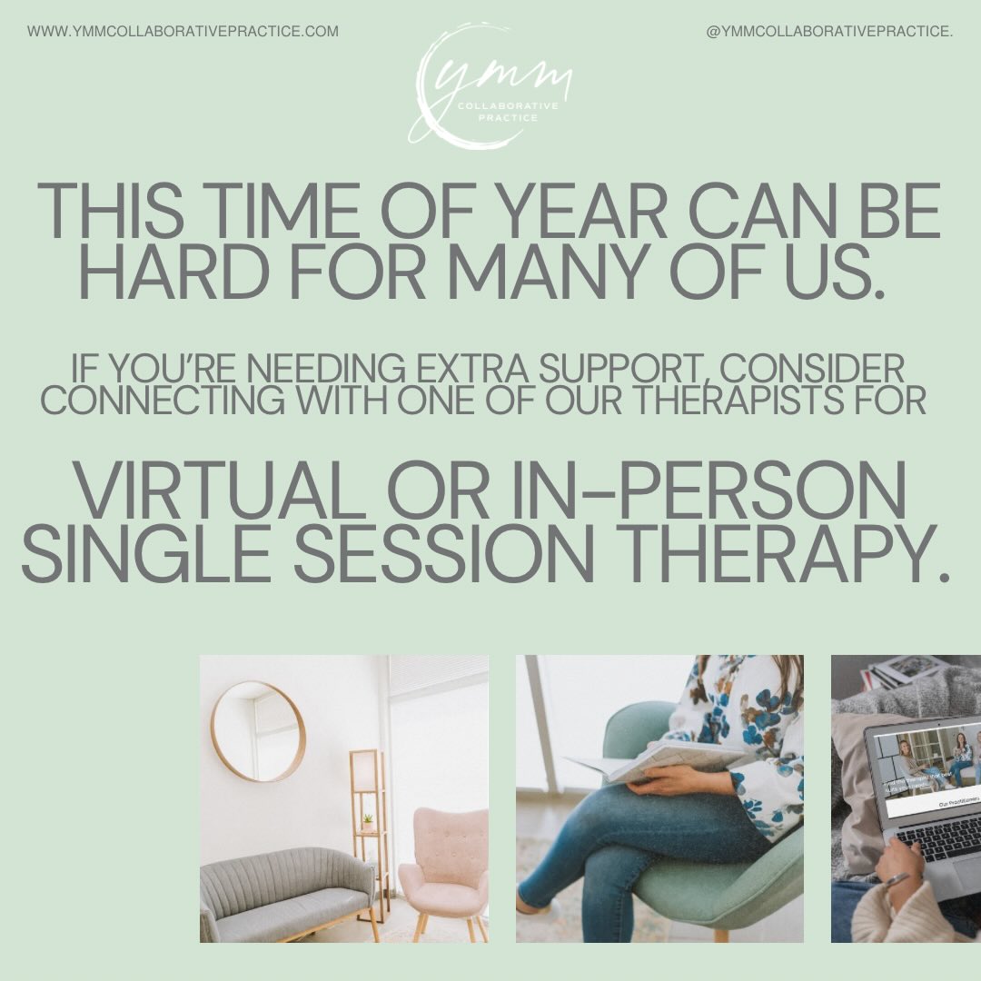 Holidays can be tough. If you find yourself needing a little extra support during this time, consider Single Session Therapy. Single Session Therapy is a focused, time-limited approach to mental health support designed to address a specific issue or concern in one session. It emphasizes practical solutions, emotional support, and the use of existing strengths to help the client move forward. It’s ideal for people who need quick relief, want to resolve a particular problem, or prefer a more flexible approach to therapy.
Learn more about single session therapy and available therapists here: https://ymmcollaborativepractice.janeapp.com/#/single-session-therapy-age-18
Find us at: www.ymmcollaborativepractice.com
#YMMCollaborativePractice #ymm #YMMMentalHealth #adulttherapy individual youth adulttherapy singlesession singlesessiontherapy therapists traumatherapy albertatherapists mentalhealth ymmtherapy counselling
childandyouth familytherapy albertatherapy albertamentalhealth ymmtherapy