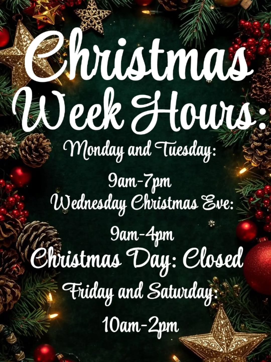 🎄🎁🍪It's almost Christmas!! 🎅🎀🌟
We have limited hours this week to spend time with our families, but are open 9am- 7pm like usual today and tomorrow, and open until 4pm on Christmas Eve for all the last minute shoppers! 😁