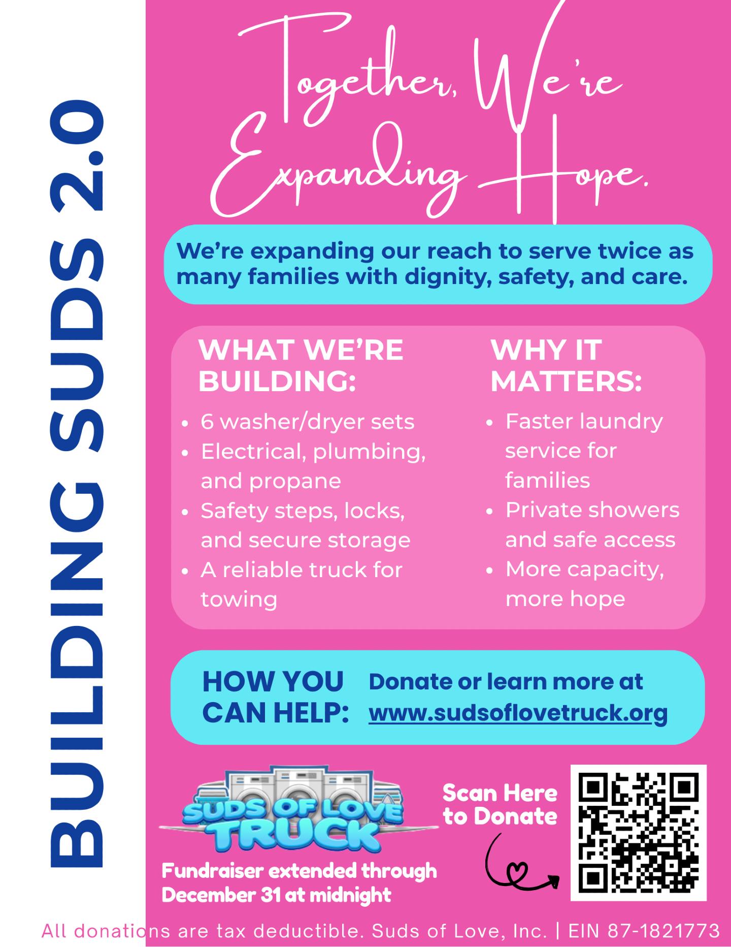 The need does not pause during the holidays and neither does our mission.
We are so grateful for everyone who has prayed, shared, volunteered, and given toward the Suds 2.0 trailer. Your support helps us reach twice as many families with clean clothes, warm showers, and meaningful care.
You can still make an impact by supporting the Suds 2.0 build before our year-end campaign closes at midnight on December 31. Every gift helps ensure more families in Brunswick County and surrounding communities experience the dignity, safety, and compassion they deserve.
Thank you for believing in this work and for helping us expand hope in our community.
This mission grows through community.
www.sudsoflovetruck.org
#SudsOfLove #HopeAndHygiene #Suds2point0 #KindnessInAction #CommunityCare #DignityMatters #FaithInAction