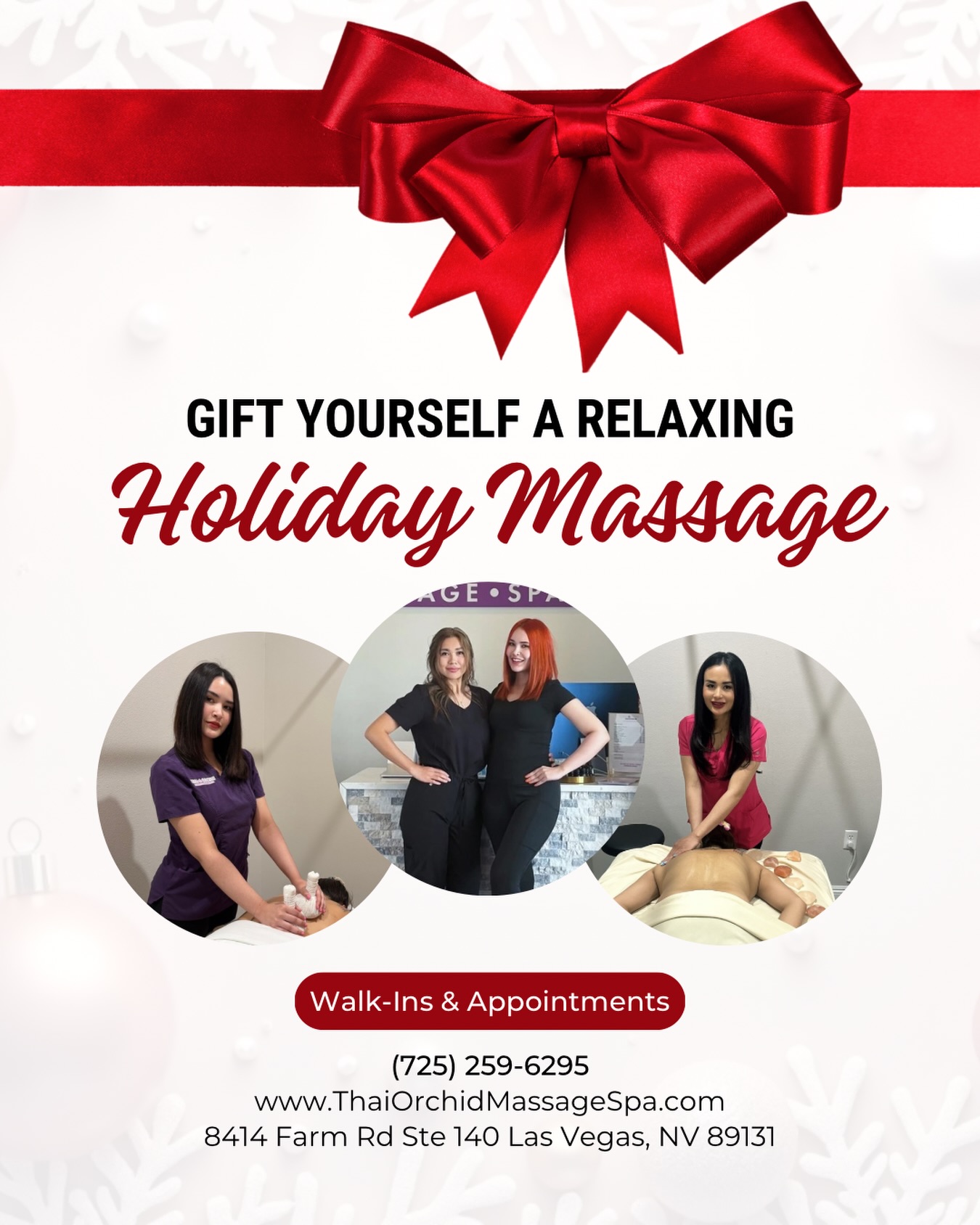All I want for Christmas is... a massage! ๐โโ๏ธ๐โจ
The holiday hustle is in full swing, but that doesnโt mean you have to carry the stress into the New Year. Take a pause from the shopping and wrapping to unwrap the best gift of all: relaxation.
Treat yourself (or someone you love!) to a peaceful escape at Thai Orchid Massage & Spa.
๐ Conveniently Located in Centennial Hills: Find us on the corner of Farm Rd & N Durango Dr, right next to Albertsons.
๐ Holiday Schedule: We are here to help you de-stress all season long! Please note that our only closure is on Christmas Day. We are open and ready to welcome you the rest of the holidays.
Book your session today and find your inner peace! ๐ฏ๏ธโ๏ธ
BOOK TODAY โจ
(725) 259-6295
www.ThaiOrchidMassageSpa.com
๐ซ Walk-Ins & Appointments Welcome
๐ 8414 Farm Road Suite 140
Las Vegas, NV 89131
๐ธ๐ธ๐ธ๐ธ๐ธ๐ธ๐ธ๐ธ๐ธ๐ธ
#treatyourself #massagetherapy #centennialhills #lasvegaslocals #lasvegaslife