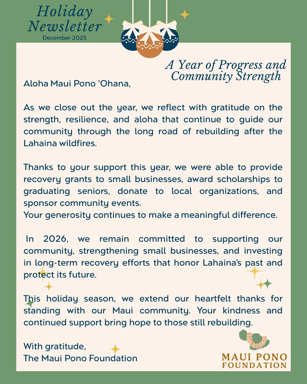 Mahalo for all your help & generosity this year! It has enabled us to do meaningful things for our community as we continue to tread forward in the rebuild. We thank you ❤️
If you are considering year end giving, you can help us continue our mission by visiting the link in our bio or go to mauiponofoundation.org/waystodonate
#mauiponofoundation #givingseason #communityhellingcommunity #hoperiseswitheachdonation