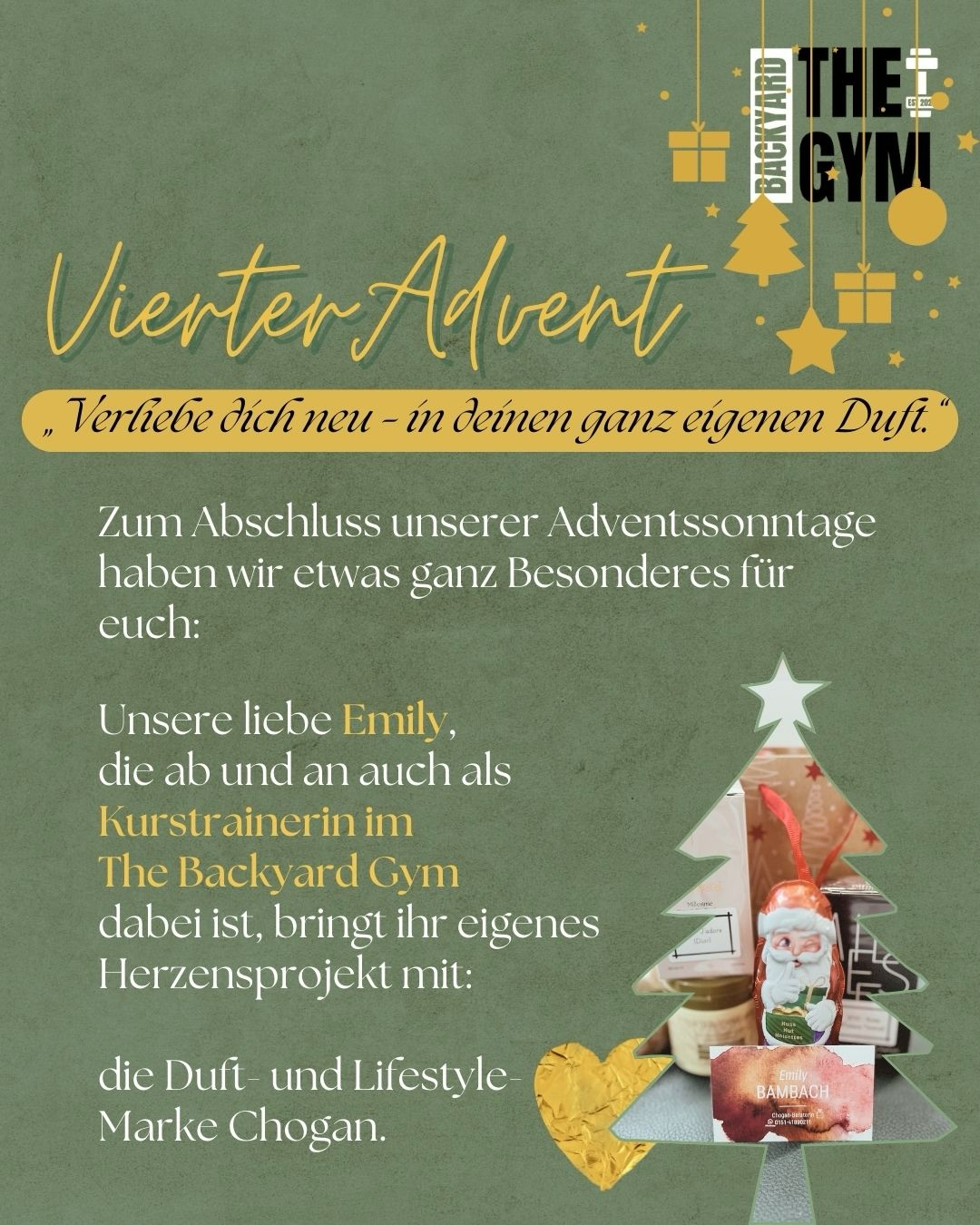 🪻21.12. - 4. ADVENT – CHOGAN GEWINNSPIEL
Zum letzten Advent wird’s duftig, hochwertig & richtig besonders 🤍✨
Gemeinsam mit @emilybambach & Chogan darf ich heute einen tollen 3 in 1 Gewinn verlosen:
🎁 1x Damenparfum – inspiriert von J’adore (Dior)
🎁 1x Herrenparfum – inspiriert von Kirké (Tiziano Terenzi)
🎁 1x Bio-Haarmaske – pure Pflege & Verwöhnmomente
Perfekt als Weihnachtsgeschenk oder um dir selbst eine Freude zu machen 🎅🎄
Und so machst du beim Gewinnspiel mit:
1️⃣ Like diesen Beitrag 🤎
2️⃣ markiere in den Kommentaren, wem du gerne eine Parfum-Freude machen würdest oder welches dein absolutes Lieblingsparfum ist
3️⃣ Extra Gewinnchance: Teile den Beitrag in deiner Story - ganz wichtig: markiere @the.backyardgym, damit wir die Story sehen 👀
👉 JEDES Kommentar zählt als Los – also kommentiere, was das Zeug hält 😍🔥
• Teilnahmeschluss: 23.12.2025
• Der/Die Gewinner/in wird am 24.12.2025 per DM benachrichtigt und kann den Gewinn am selben morgen noch bis 12:30 Uhr im Studio abholen ⏰
Teilnahme ab 18 Jahren & ausschließlich über Instagram.
Die Gewinne sind nicht übertragbar & nicht auszahlbar.
Das Gewinnspiel steht in keiner Verbindung zu Instagram.
Rechtsweg ausgeschlossen.
Ich drücke euch allen ganz fest die Daumen 🍀
Und danke von Herzen an Emily für dieses wundervolle 4. Advents-Gewinnspiel 💛✨
#adventskalender#chogan#thebackyardgymsaar#present#parfum