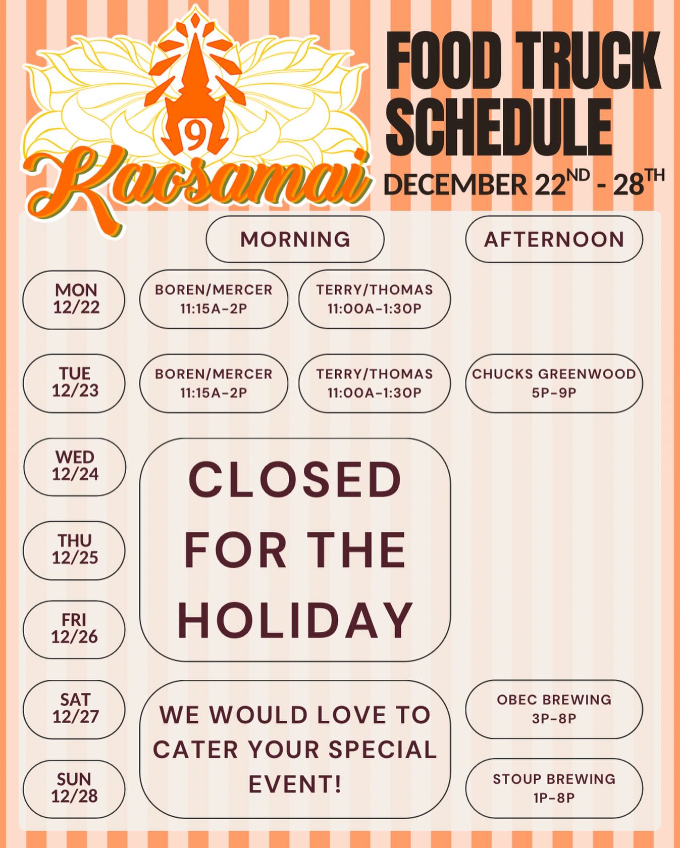 Hey Fam, we are looking forward to communing with our loved ones this week and hope you can do the same ๐งก
Find us at @chuckshopshopgw today before our two day hiatus. Then back at it this weekend at @obecbrewing and @stoupbrewing. Happy Holidays Family ๐๐ซถ๐ฝ